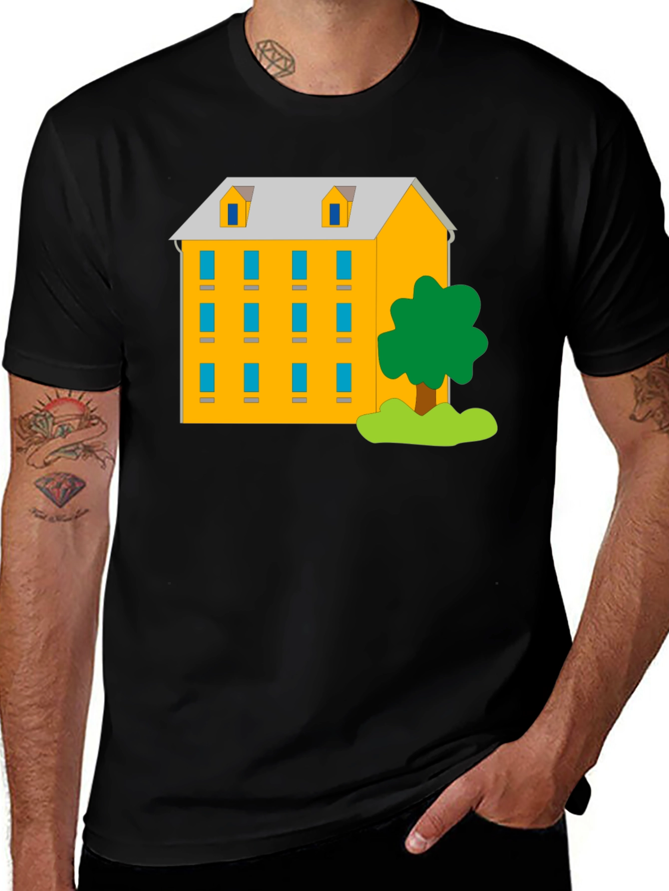 Variant 9 of Cartoon Building T-Shirt - Black Cotton Tee