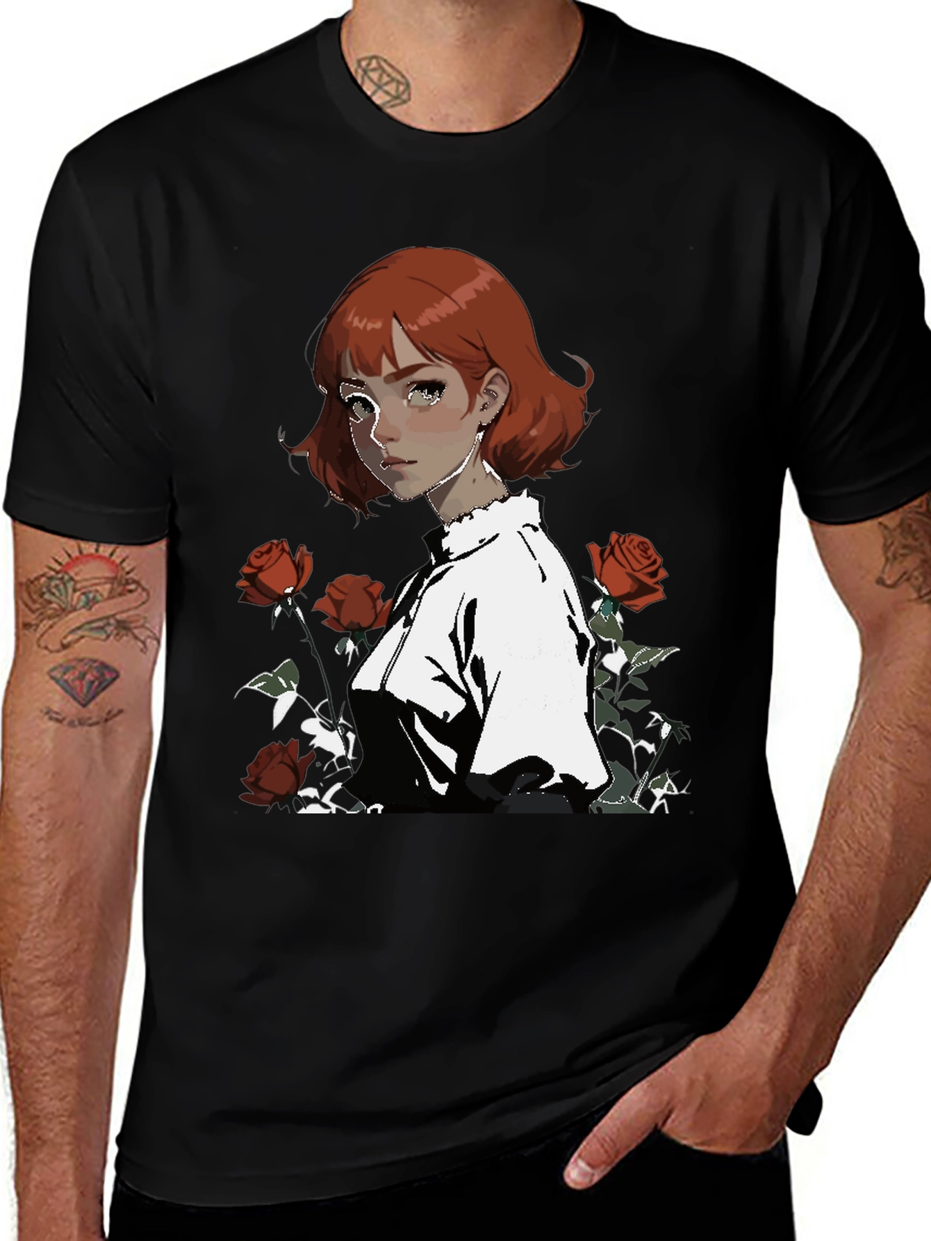 Variant 25 of Anime Girl & Roses Graphic Black Tee