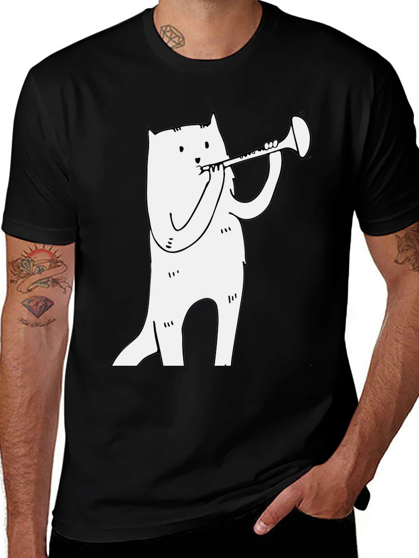 Variant 17 of Cat Trumpet T-Shirt - Black Graphic Tee