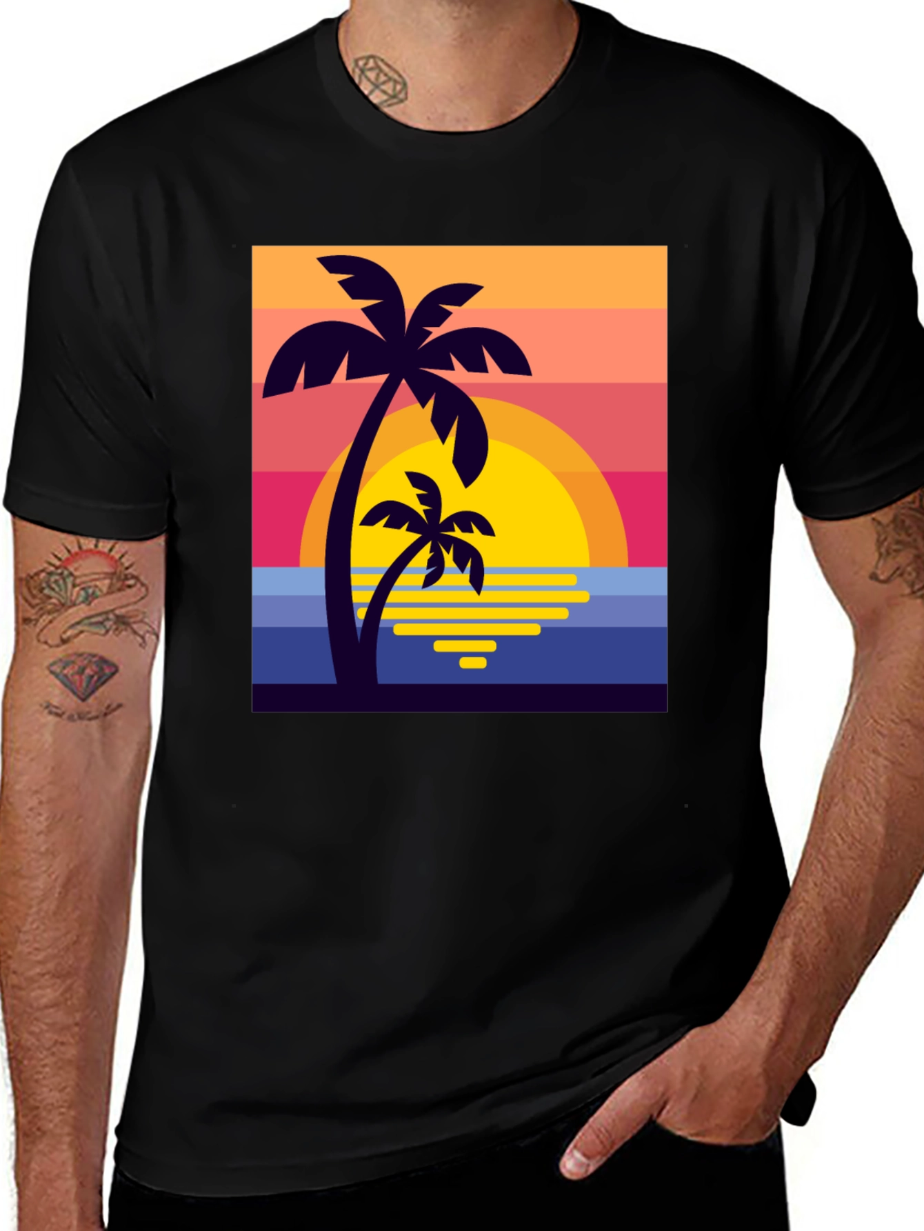 Retro Sunset Palm Tree Graphic Tee - Black