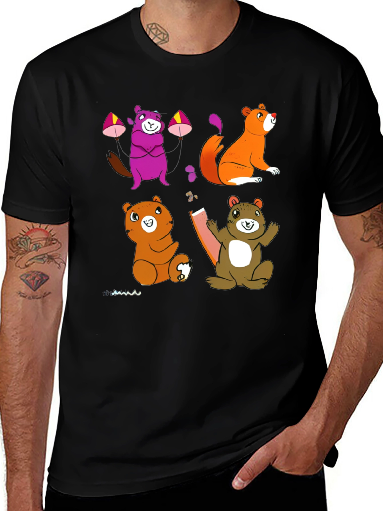 Variant 20 of Cartoon Animal Graphic Black T-Shirt