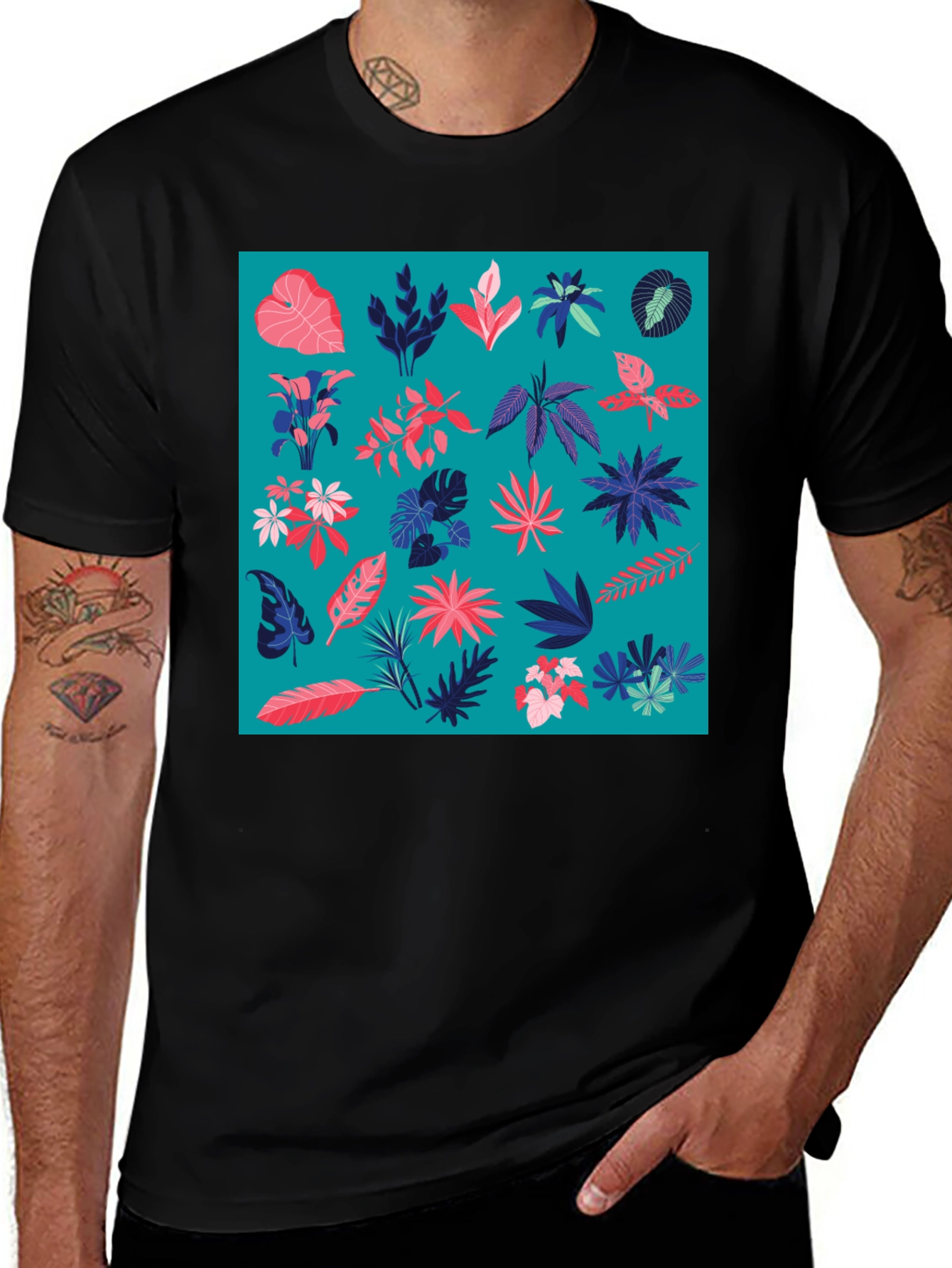Tropical Plant Pattern Men's Black T-Shirt