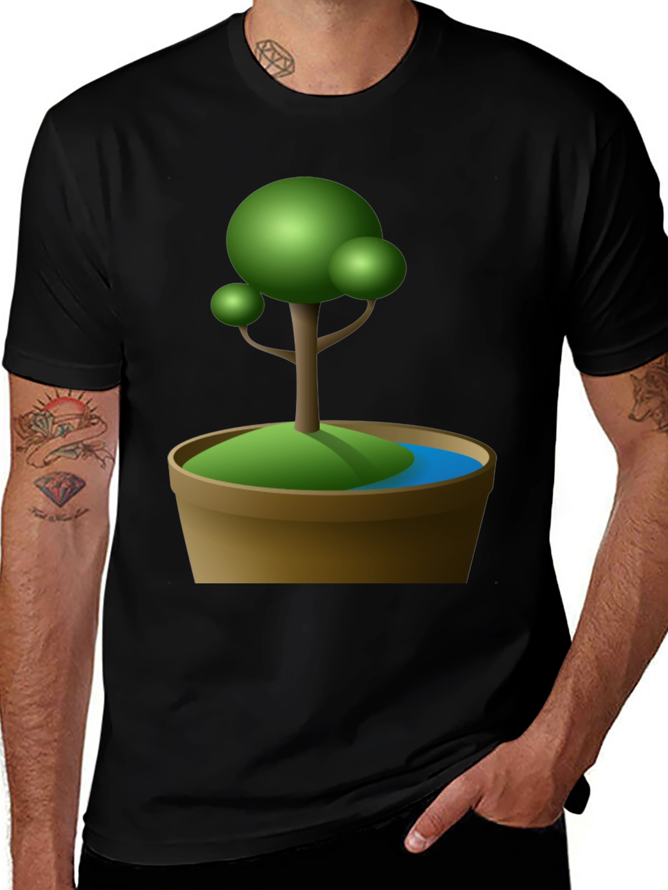 Variant 22 of Cartoon Potted Tree Graphic Tee - Black Cotton Casual Shirt