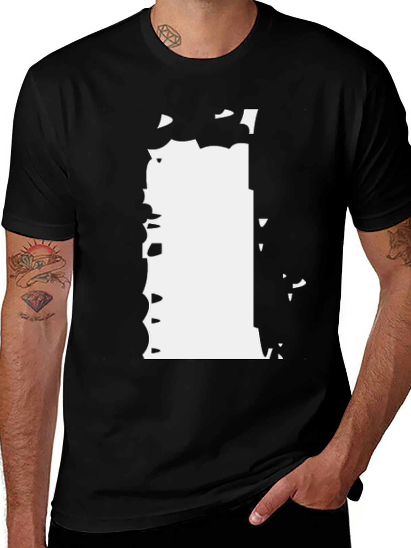 Variant 7 of Men's Black T-Shirt with Distressed White Graphic