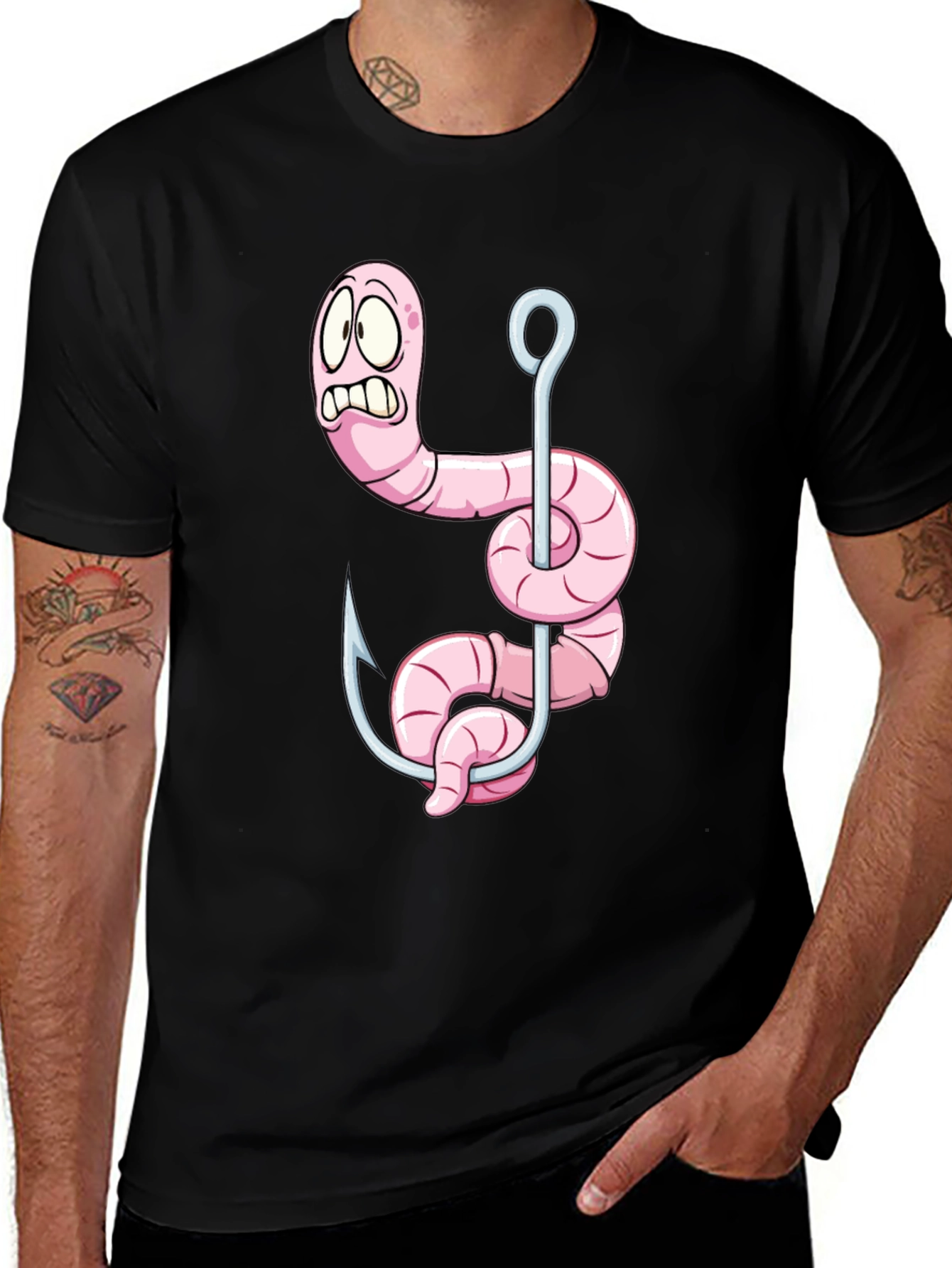 Variant 8 of Cartoon Worm Fishing Hook Graphic Tee - Black Cotton T-Shirt