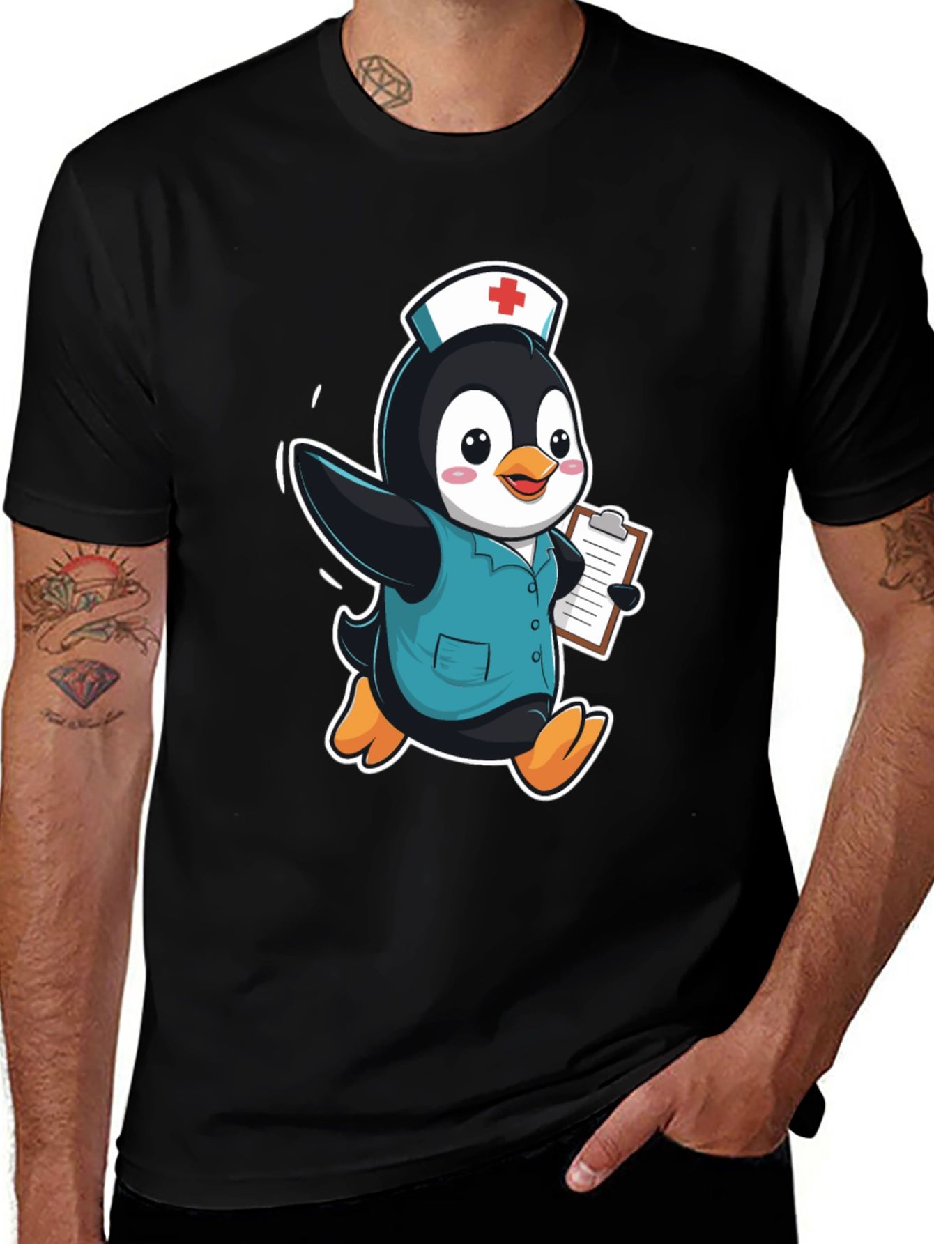 Variant 4 of Nurse Penguin Graphic Tee - Black Cotton T-Shirt