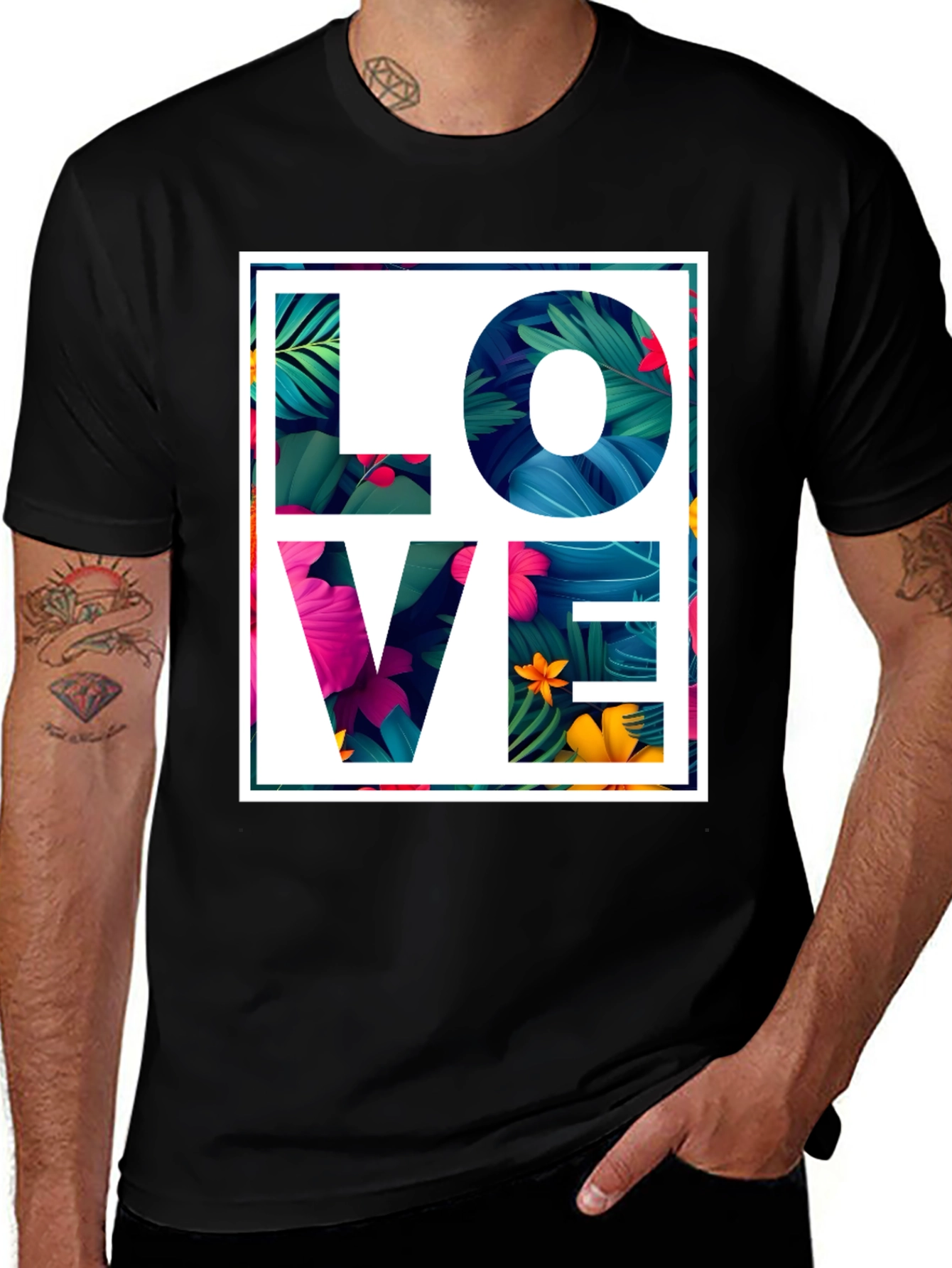 Variant 17 of Floral LOVE Graphic Tee - Trendy Black T-Shirt