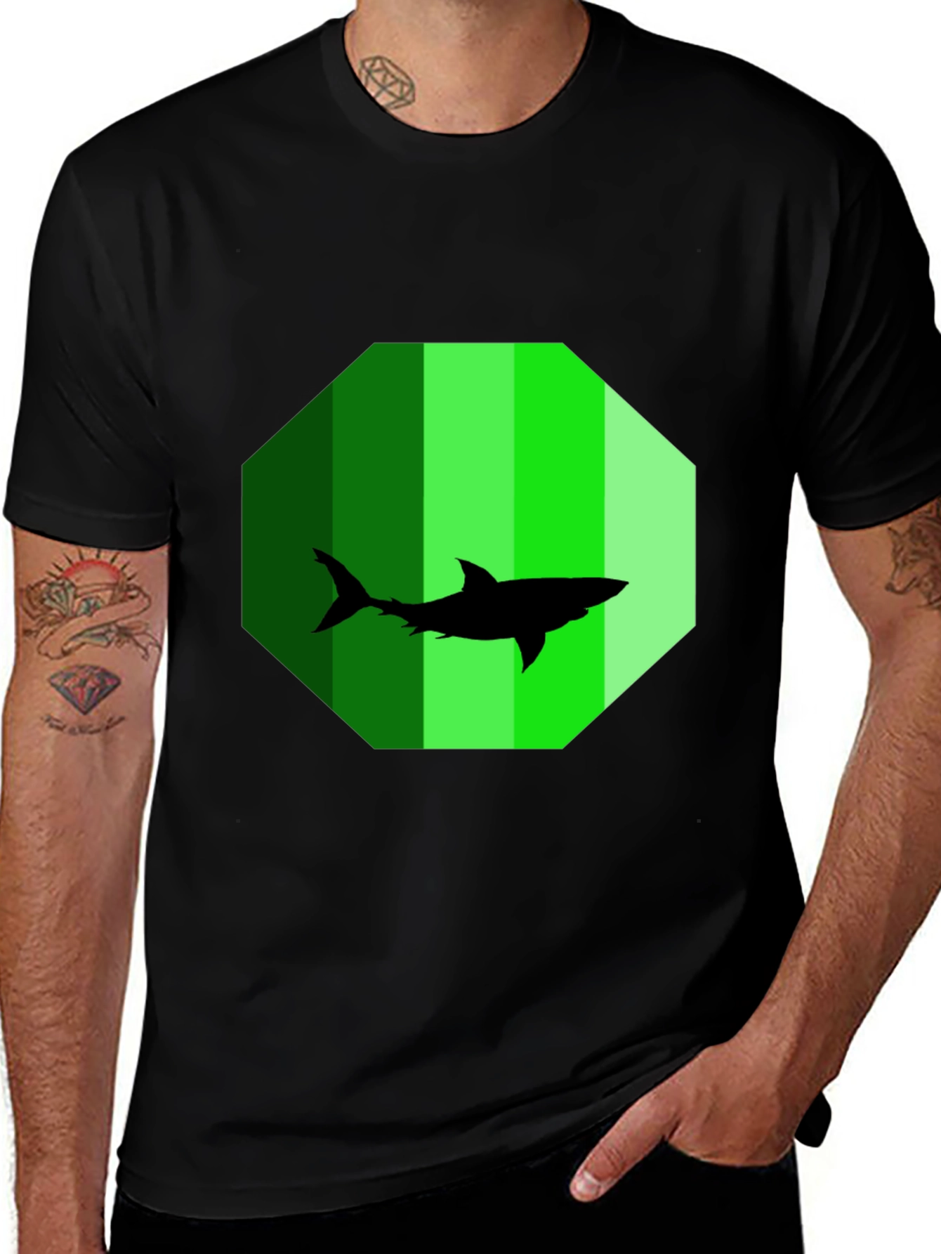 Variant 15 of Shark Graphic T-Shirt - Green Octagon Design
