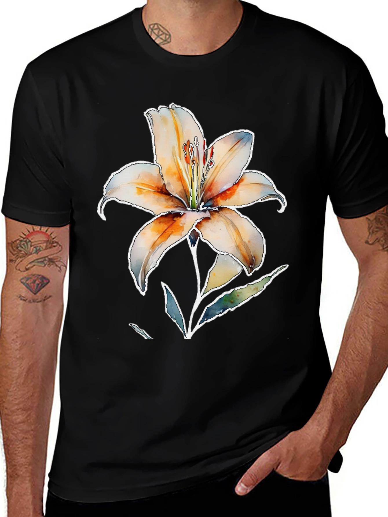 Variant 23 of Floral Lily Graphic Tee - Black Cotton Comfort
