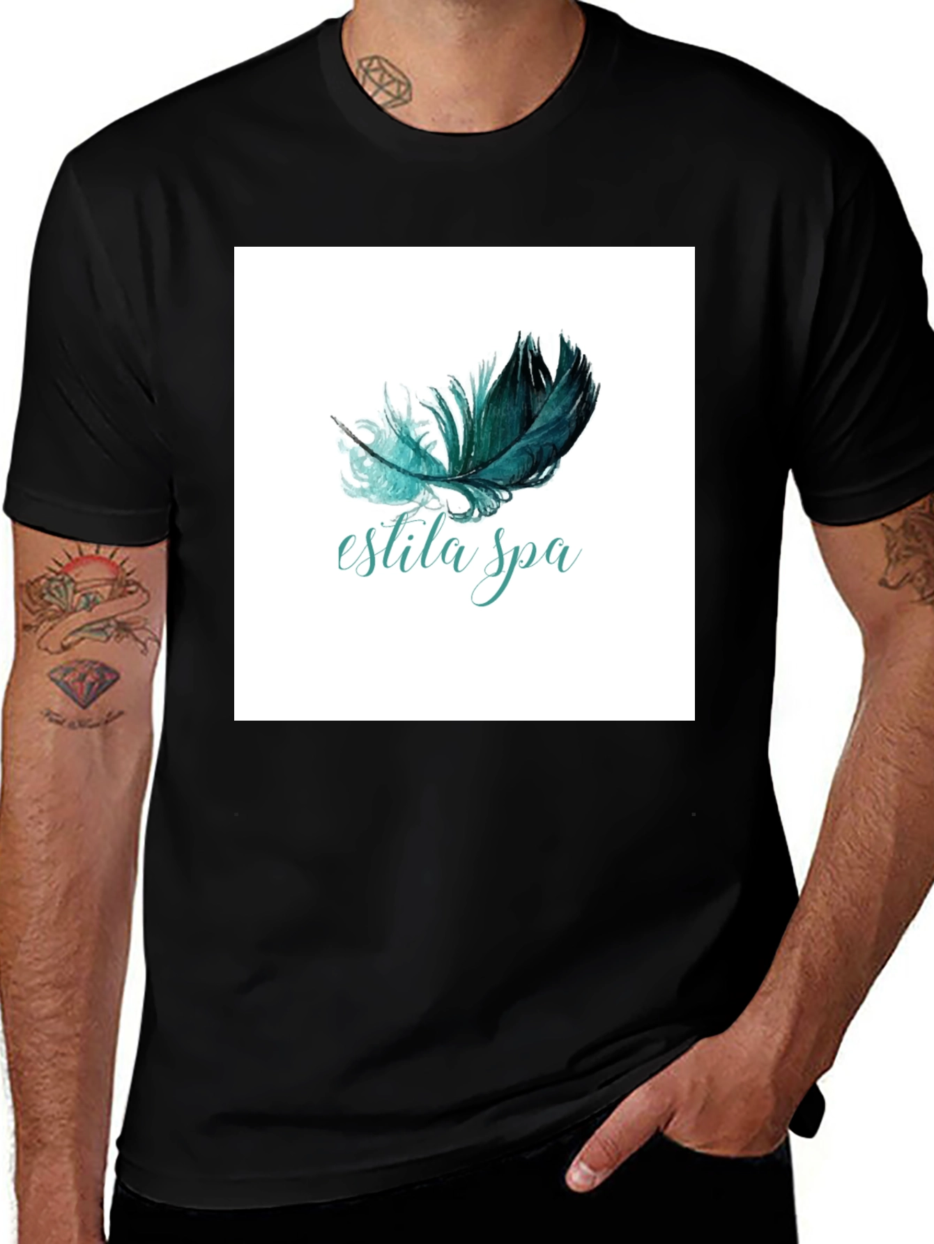 Variant 13 of Estila Spa Black T-Shirt Feather Graphic
