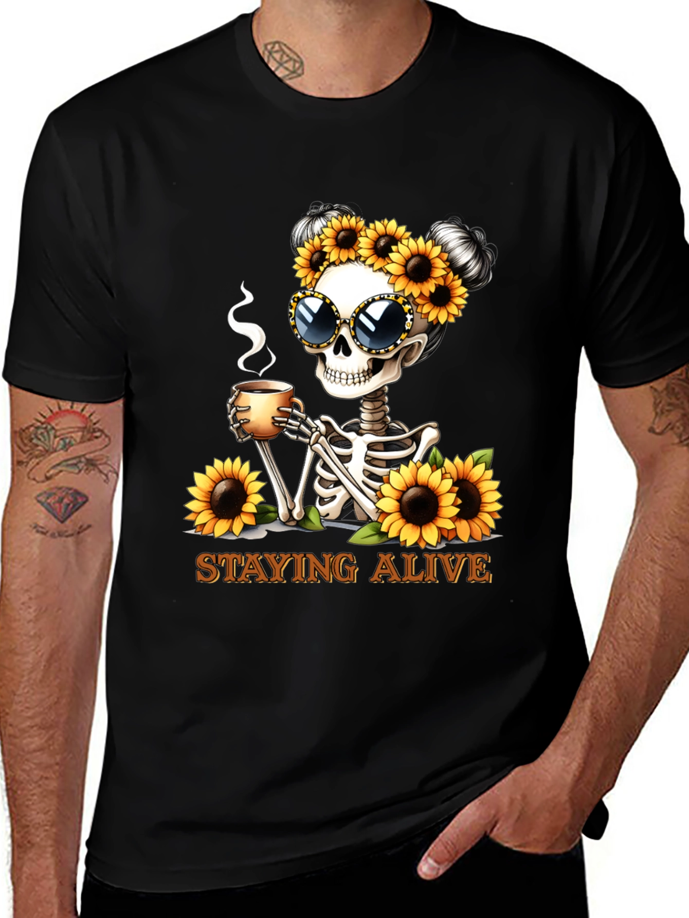 Variant 8 of Staying Alive Skeleton Sunflower Graphic Tee