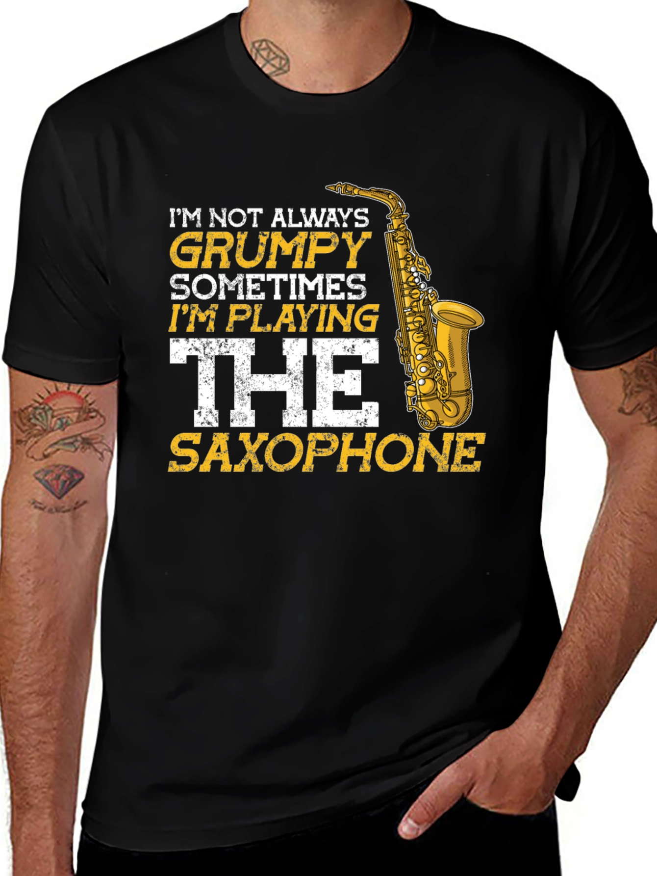 Variant 8 of Grumpy Saxophone Player Graphic Tee - Black Cotton T-Shirt