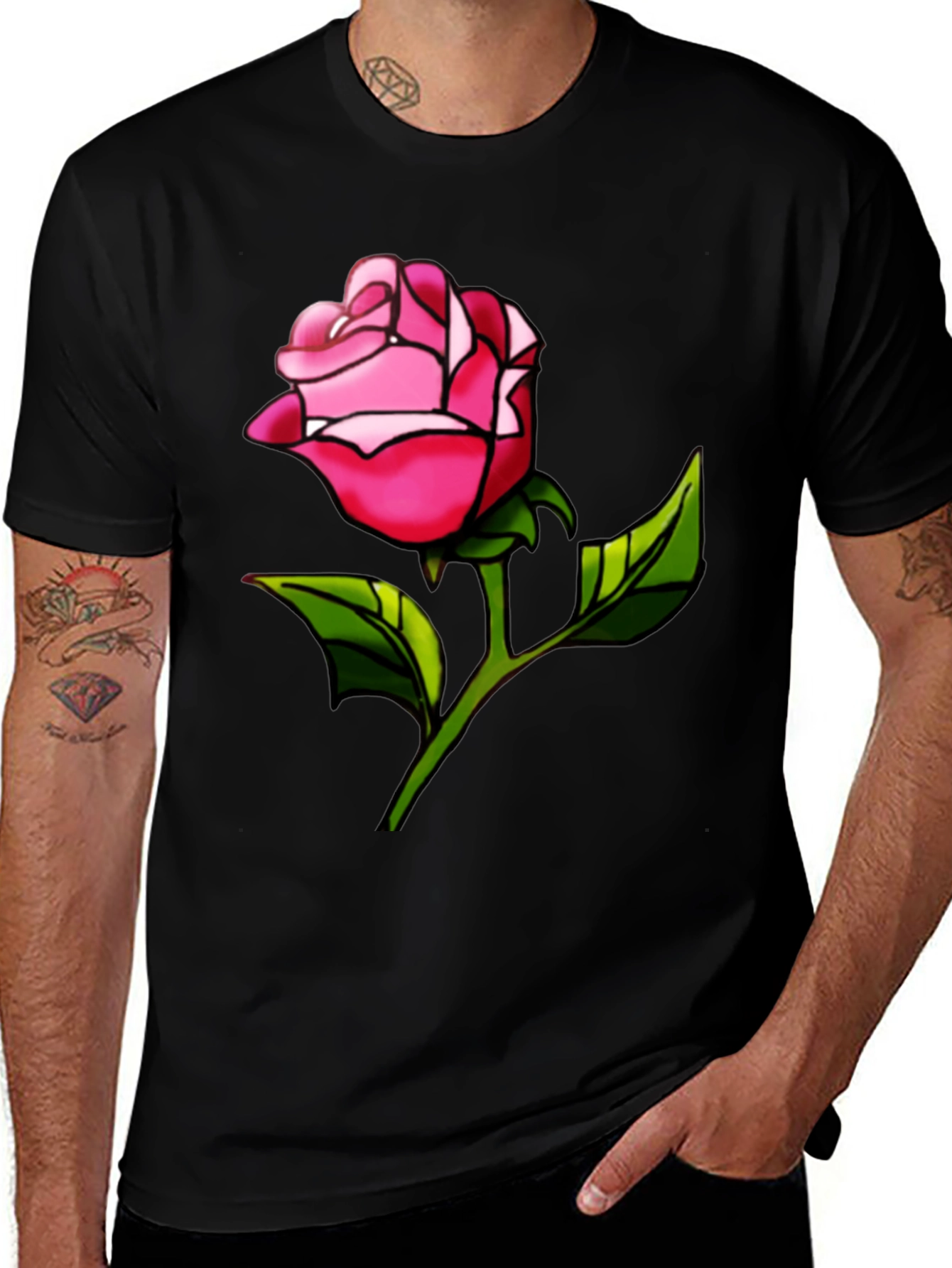 Variant 12 of Pink Rose Graphic Black T-Shirt