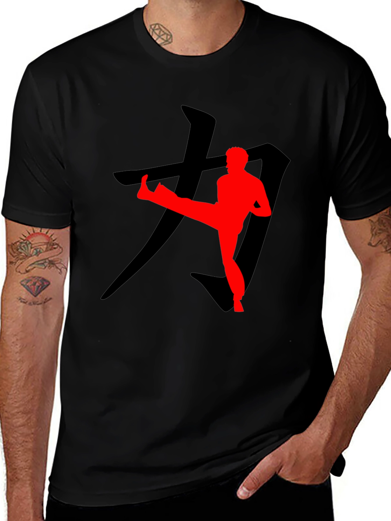 Variant 20 of Martial Arts Kick T-Shirt - Black Tee with Red Silhouette Design