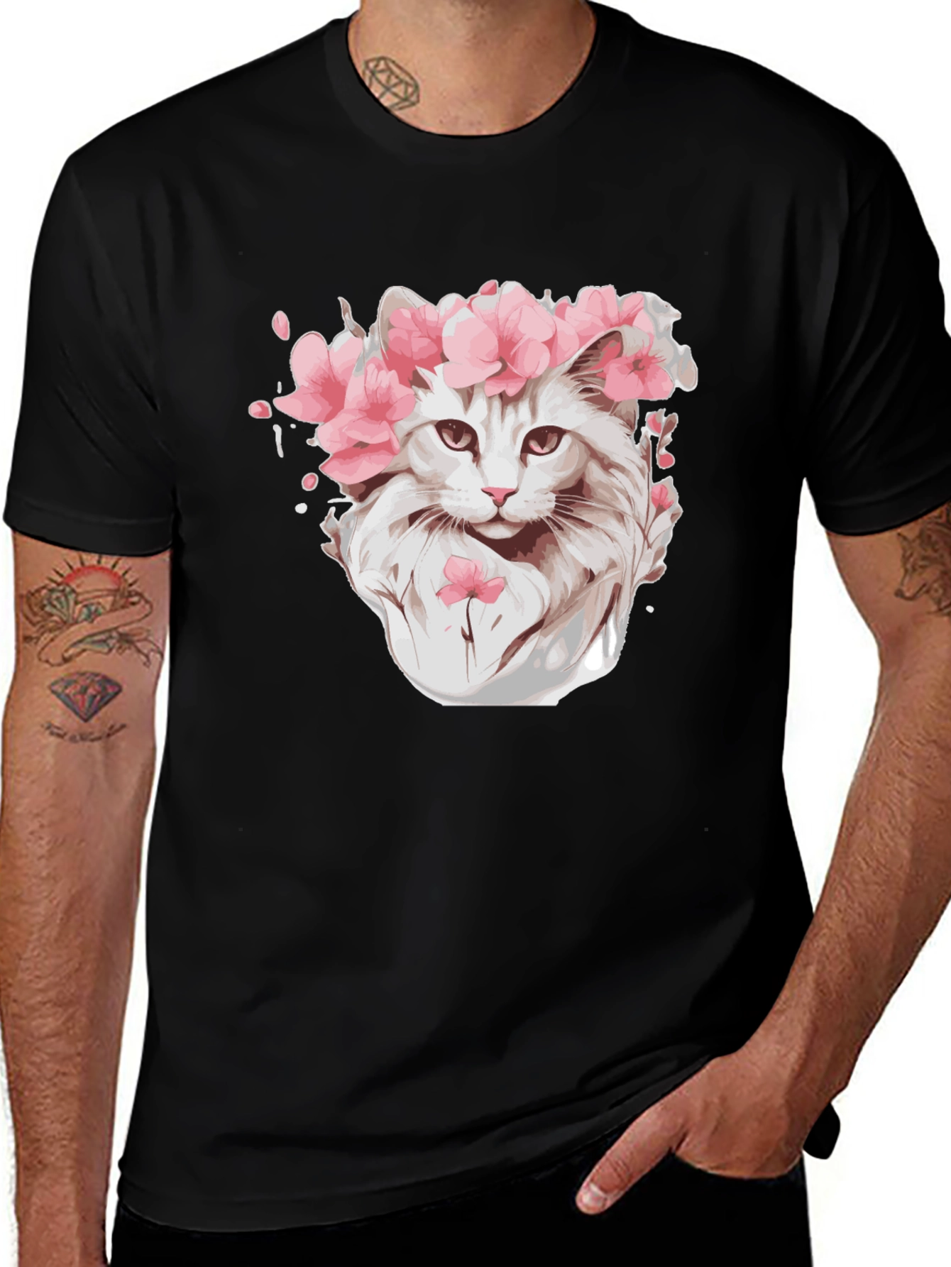 Variant 8 of Cat with Floral Crown Black T-Shirt