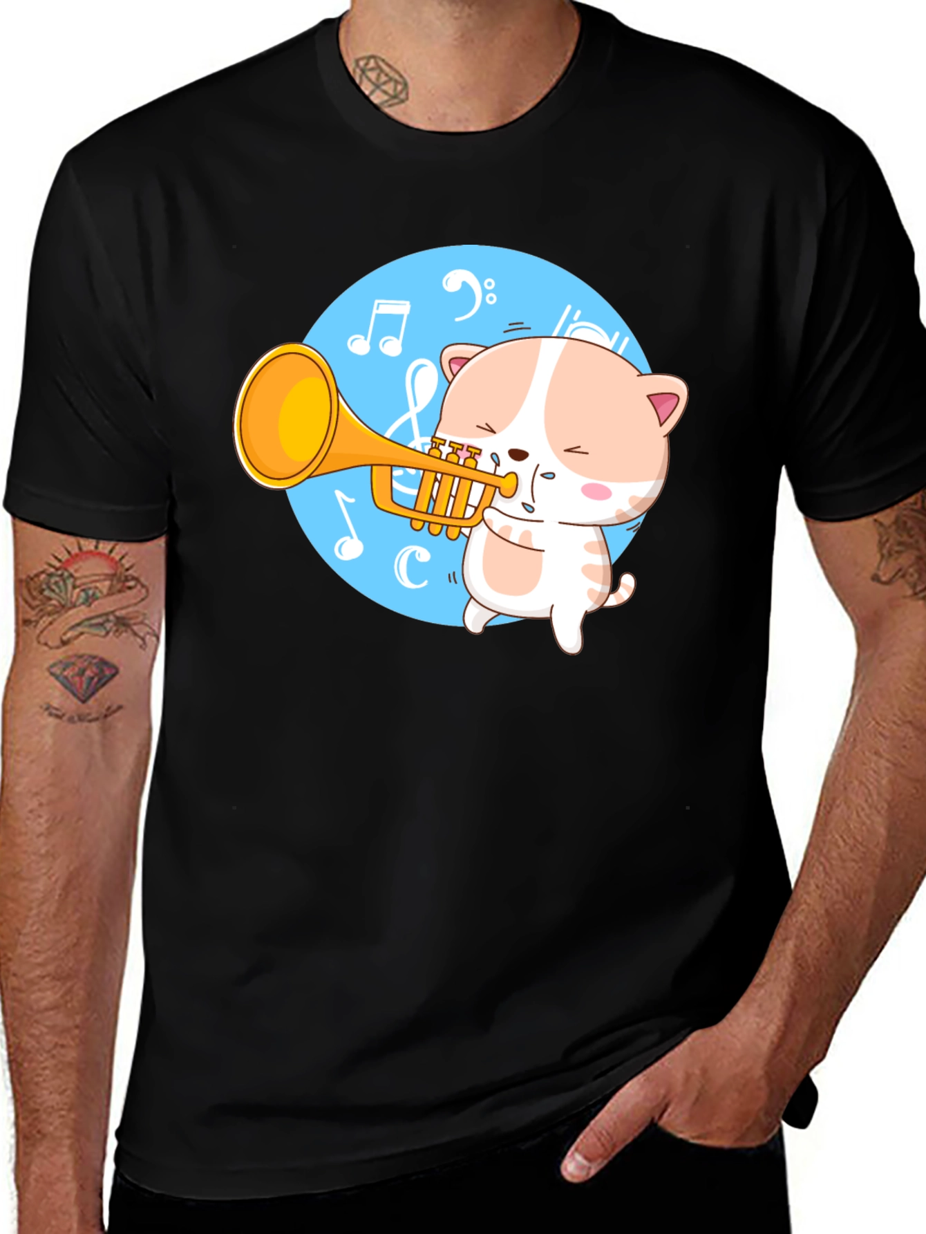 Variant 2 of Cat Trumpet Player Black T-Shirt - Funny Music Tee
