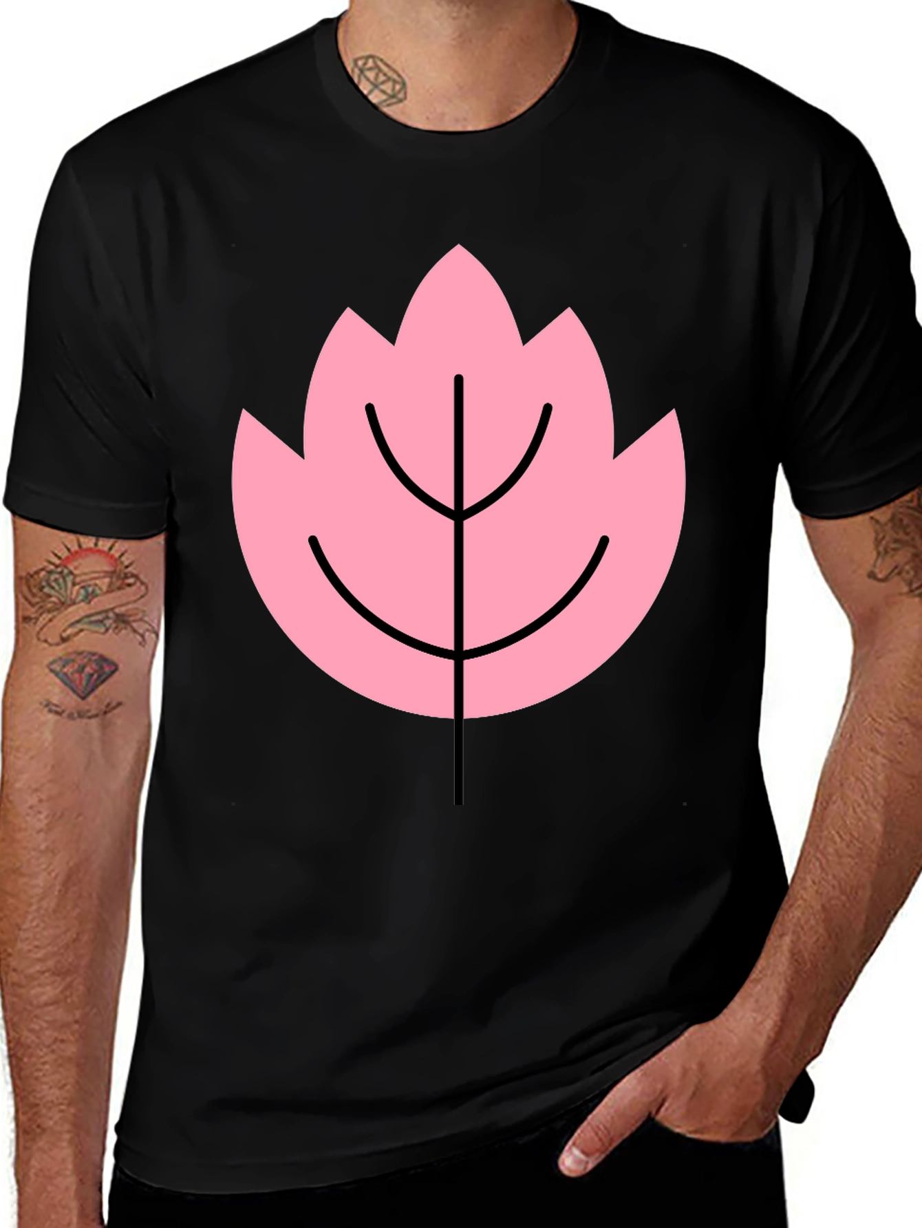 Variant 6 of Pink Leaf Graphic Black T-Shirt Casual Cotton Tee