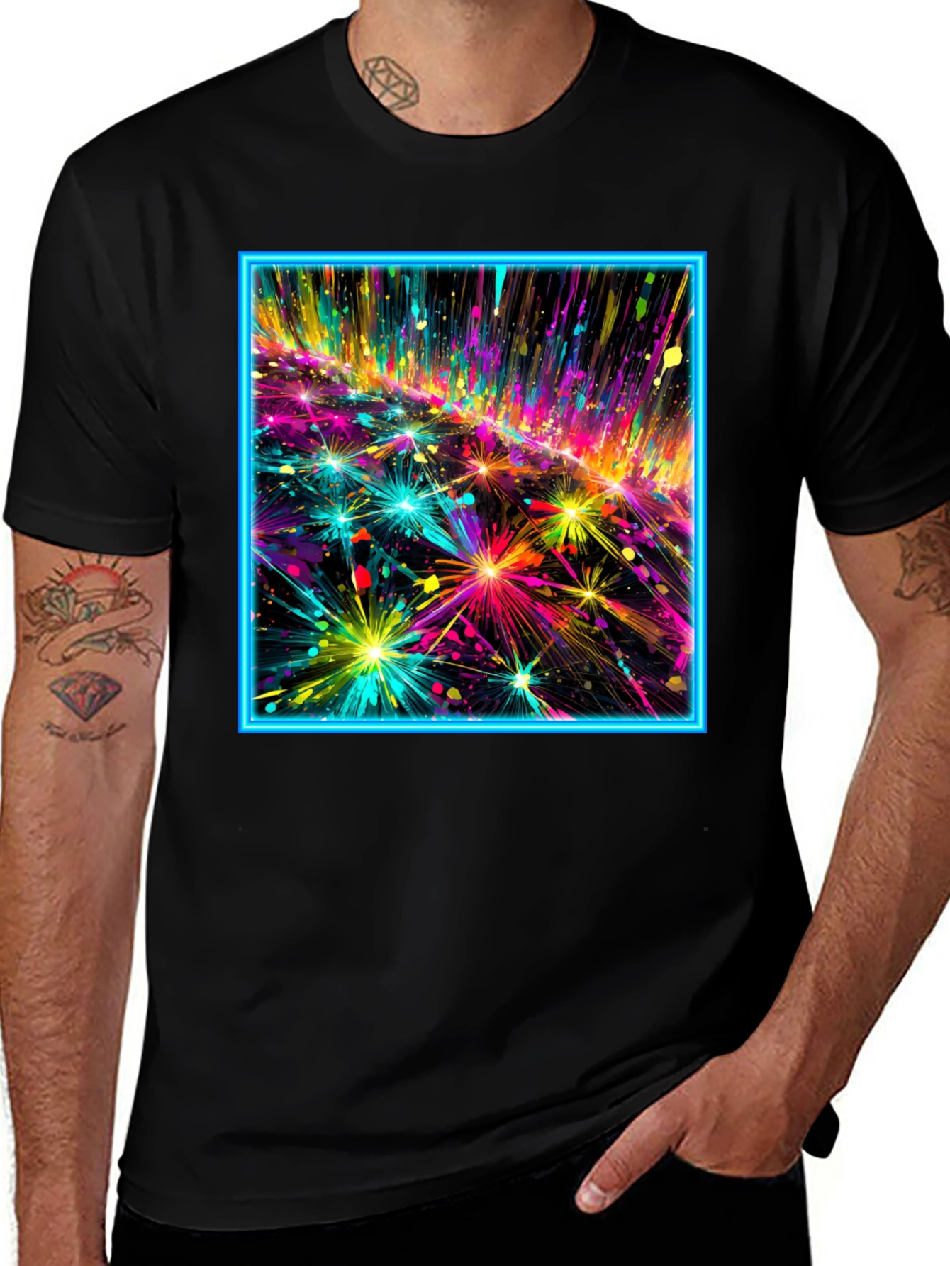 Variant 28 of Abstract Neon Fireworks Graphic Black T-Shirt