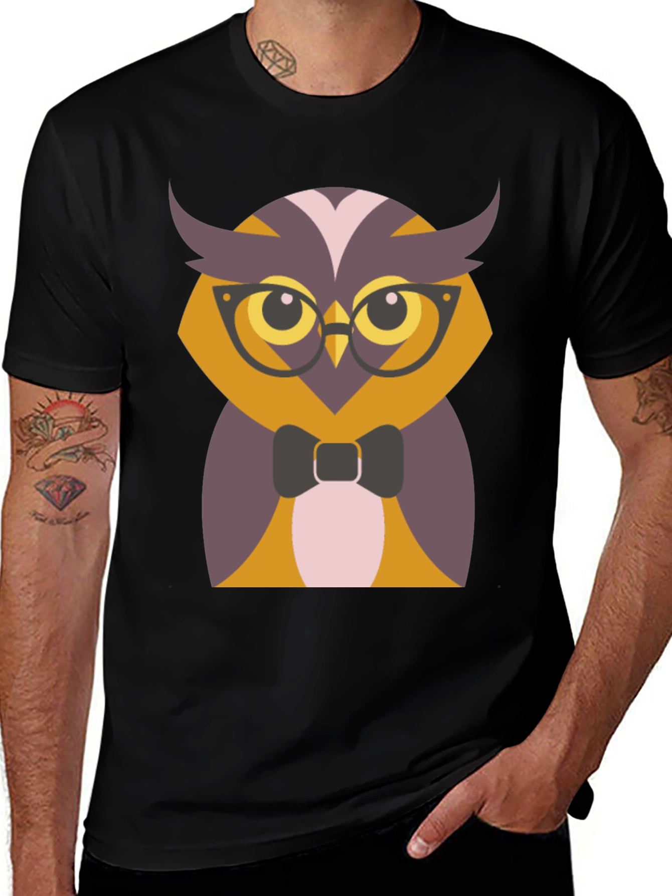 Variant 23 of Hipster Owl Graphic Tee - Men's Black T-Shirt
