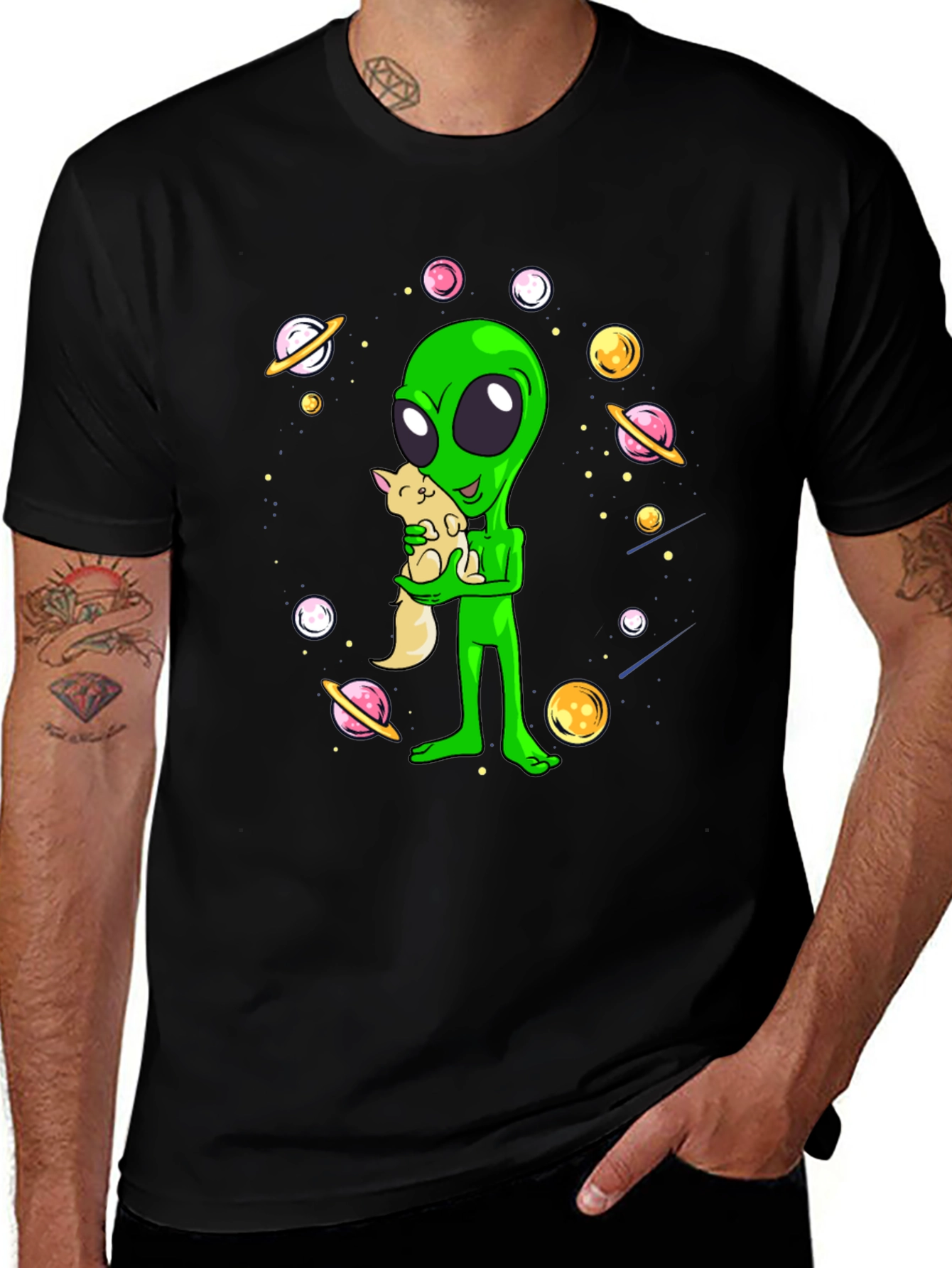 Variant 7 of Alien Holding Cat T-Shirt - Outer Space Design