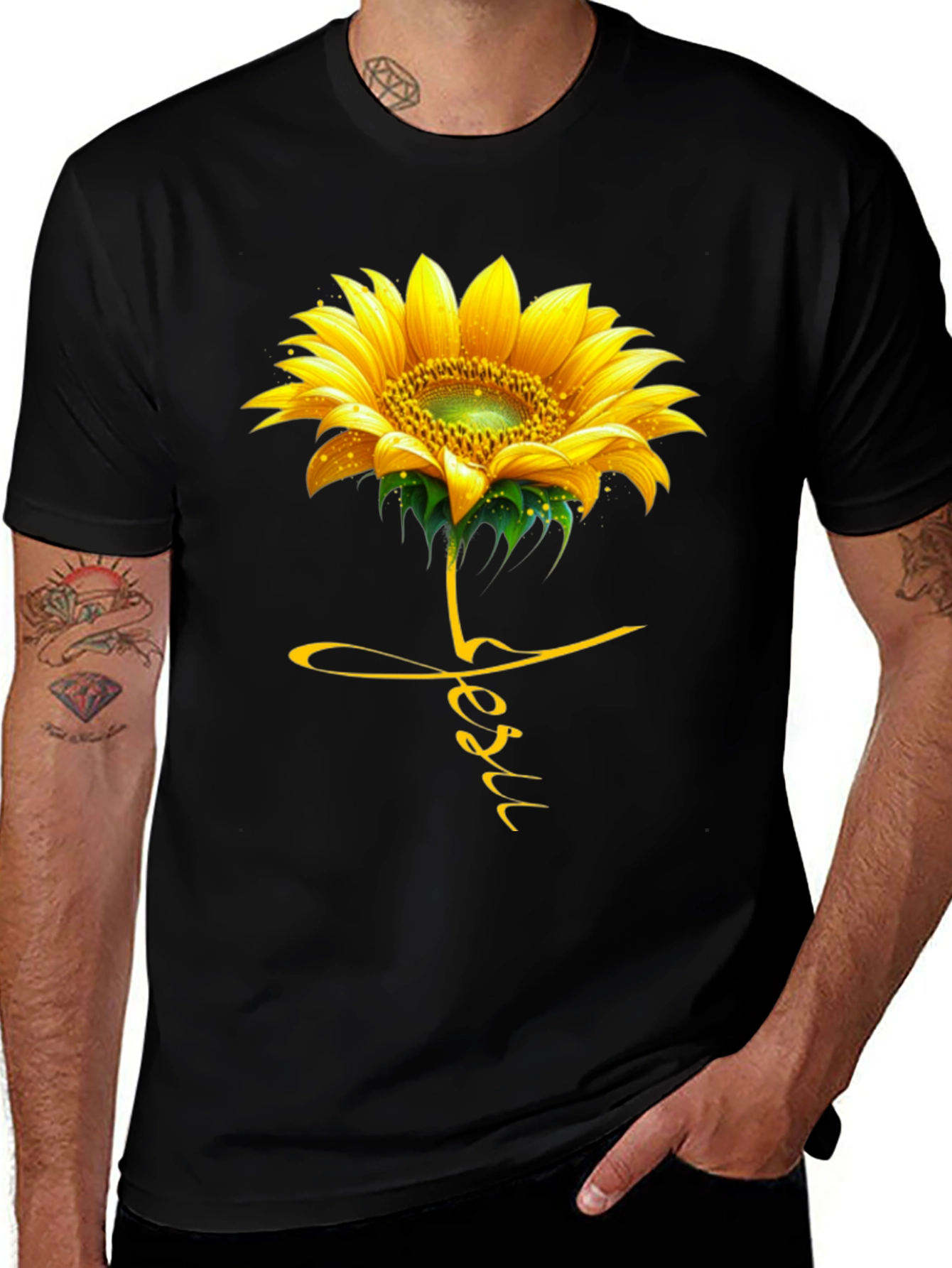 Variant 16 of Sunflower Jesus Graphic Print Black T-Shirt