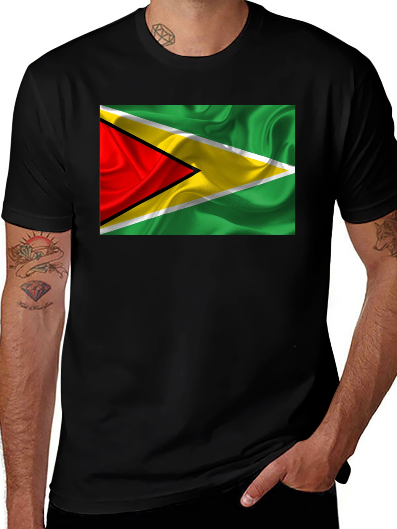 Guyana Flag Graphic Tee - Black Cotton T-Shirt