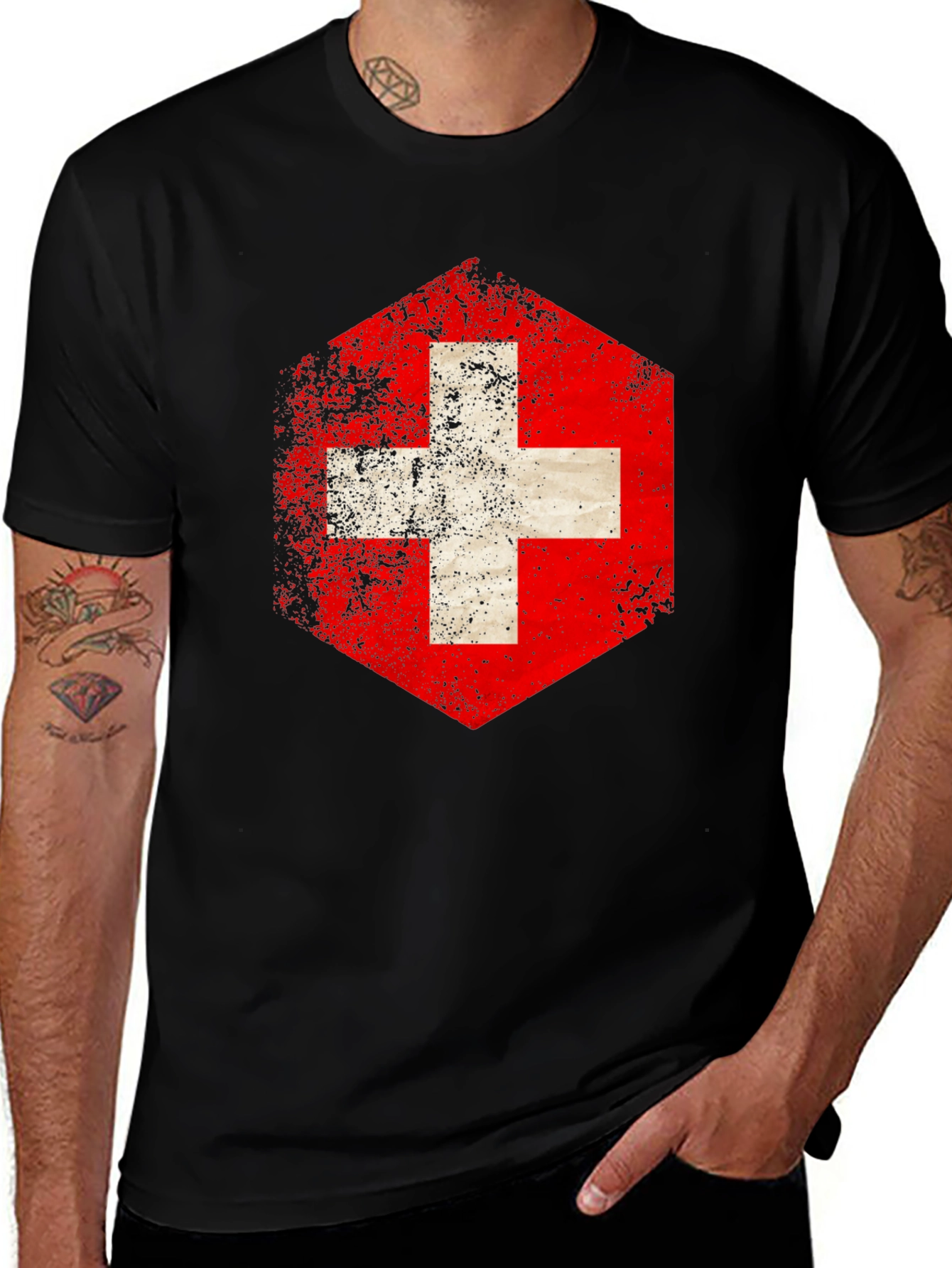 Variant 21 of Swiss Flag Hexagon Black T-Shirt
