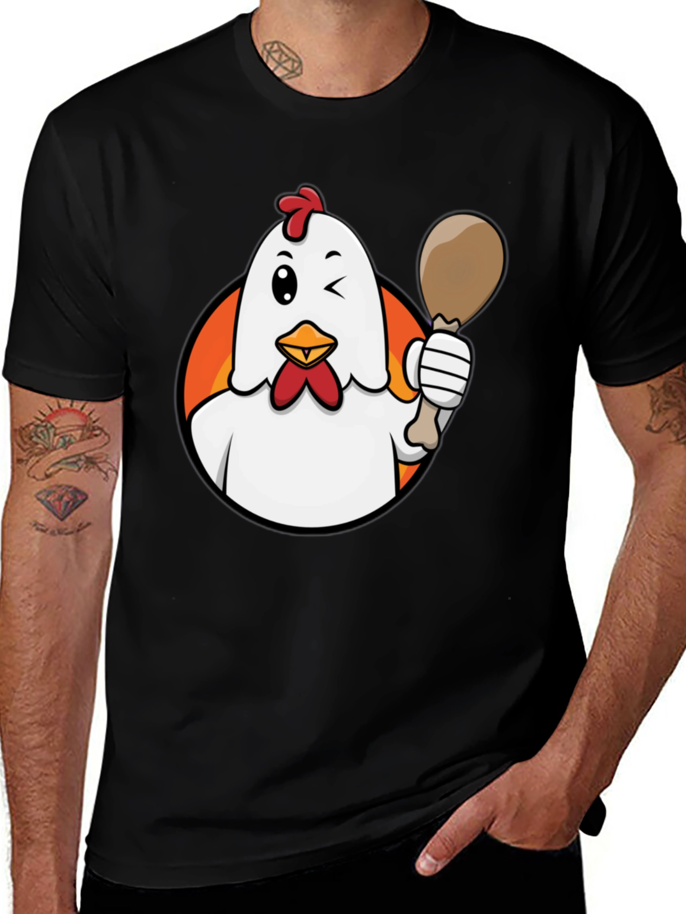 Variant 18 of Funny Chicken Drumstick Graphic Tee - Black Cotton Shirt