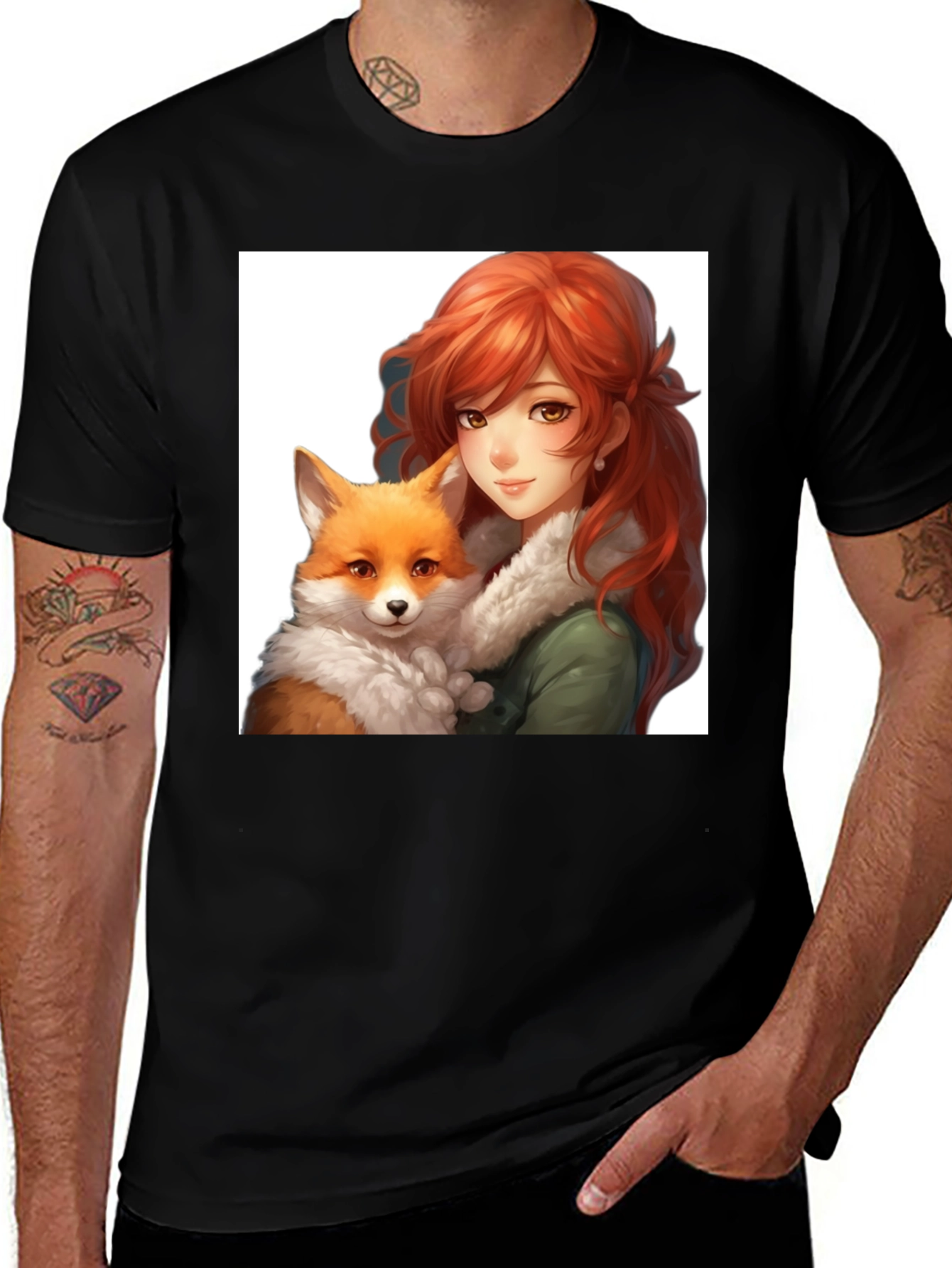 Variant 26 of Anime Girl & Fox Graphic Black T-Shirt