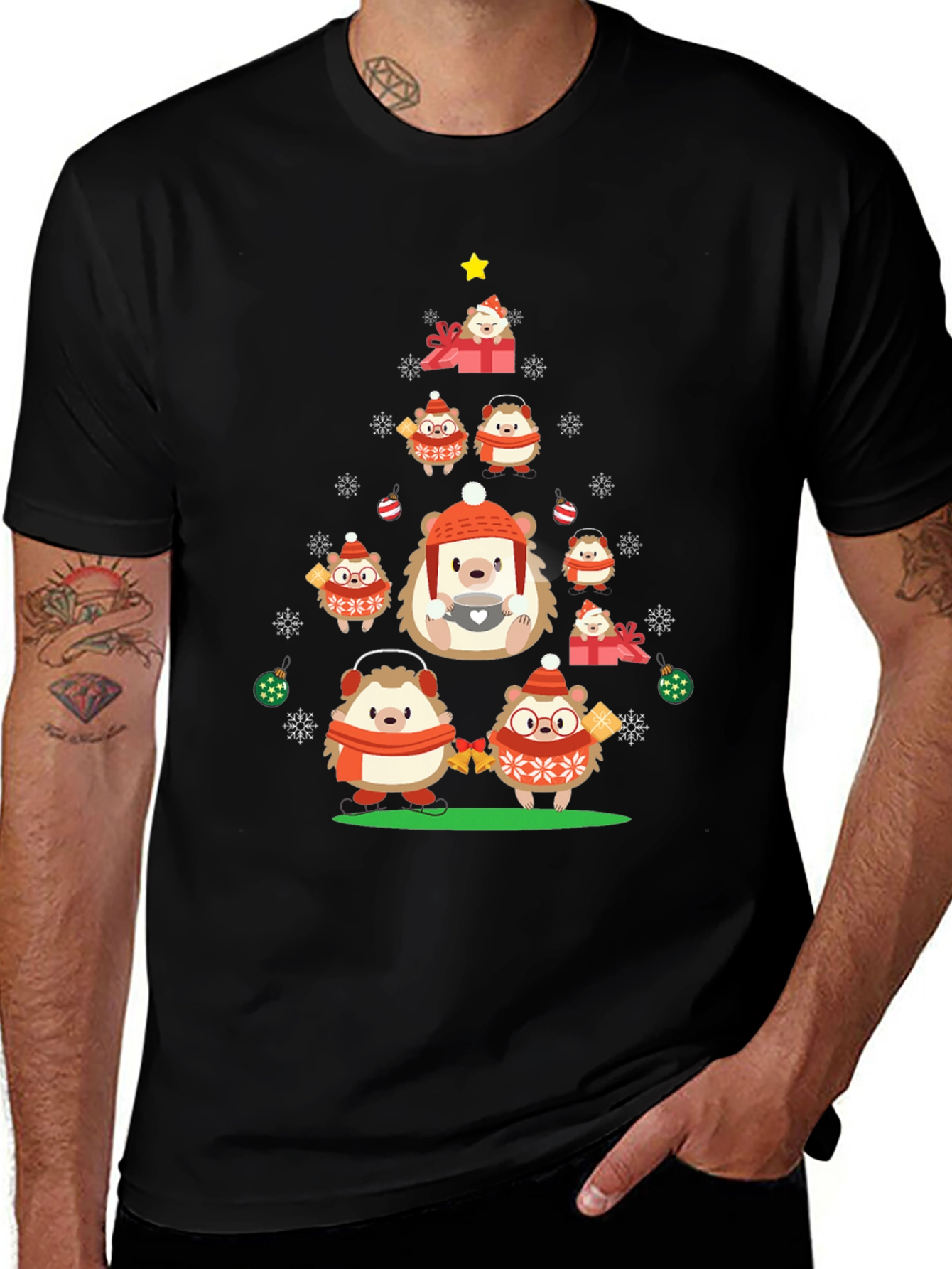 Festive Hedgehog Christmas Tree Black T-Shirt