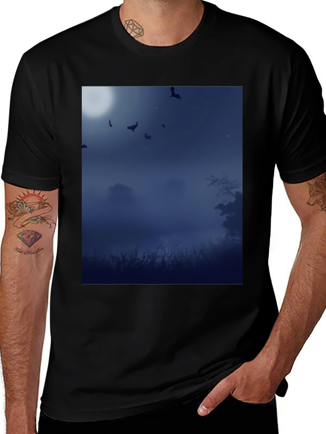 Variant 4 of Moonlit Bats Black Tee - Spooky Night Scene