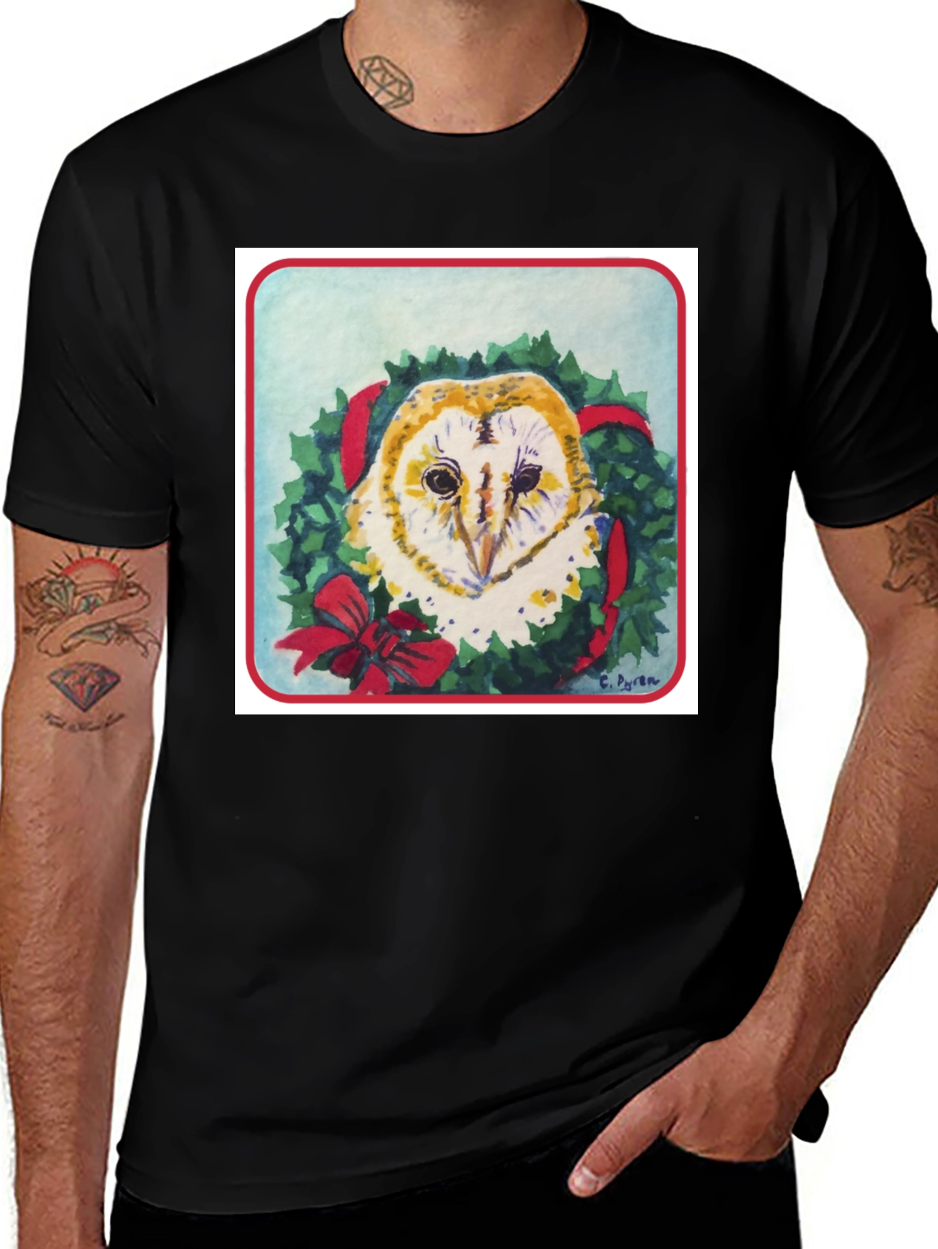 Variant 12 of Festive Owl Wreath T-Shirt - Holiday Apparel