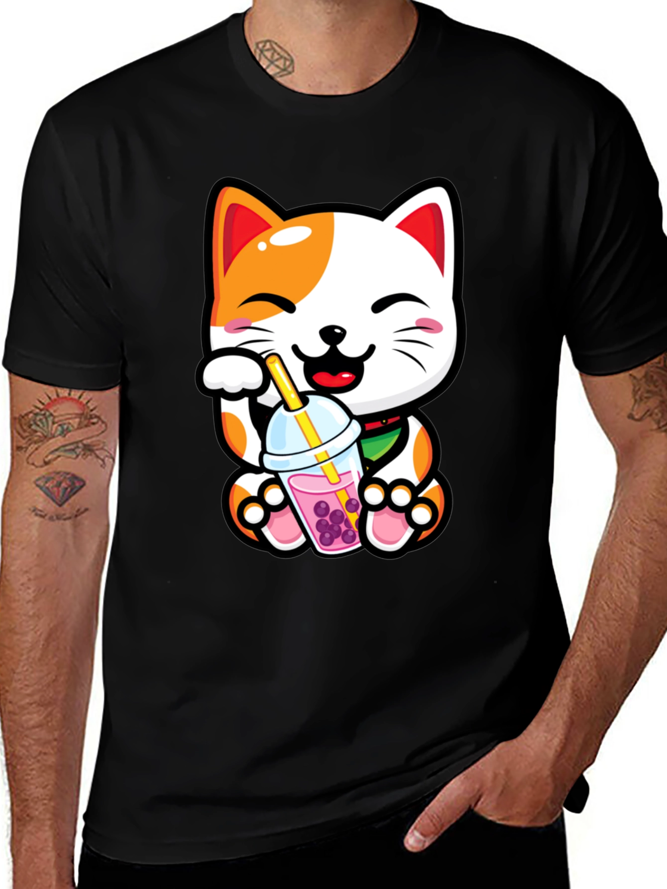 Black Kawaii Cat Boba Tea Graphic Tee main image