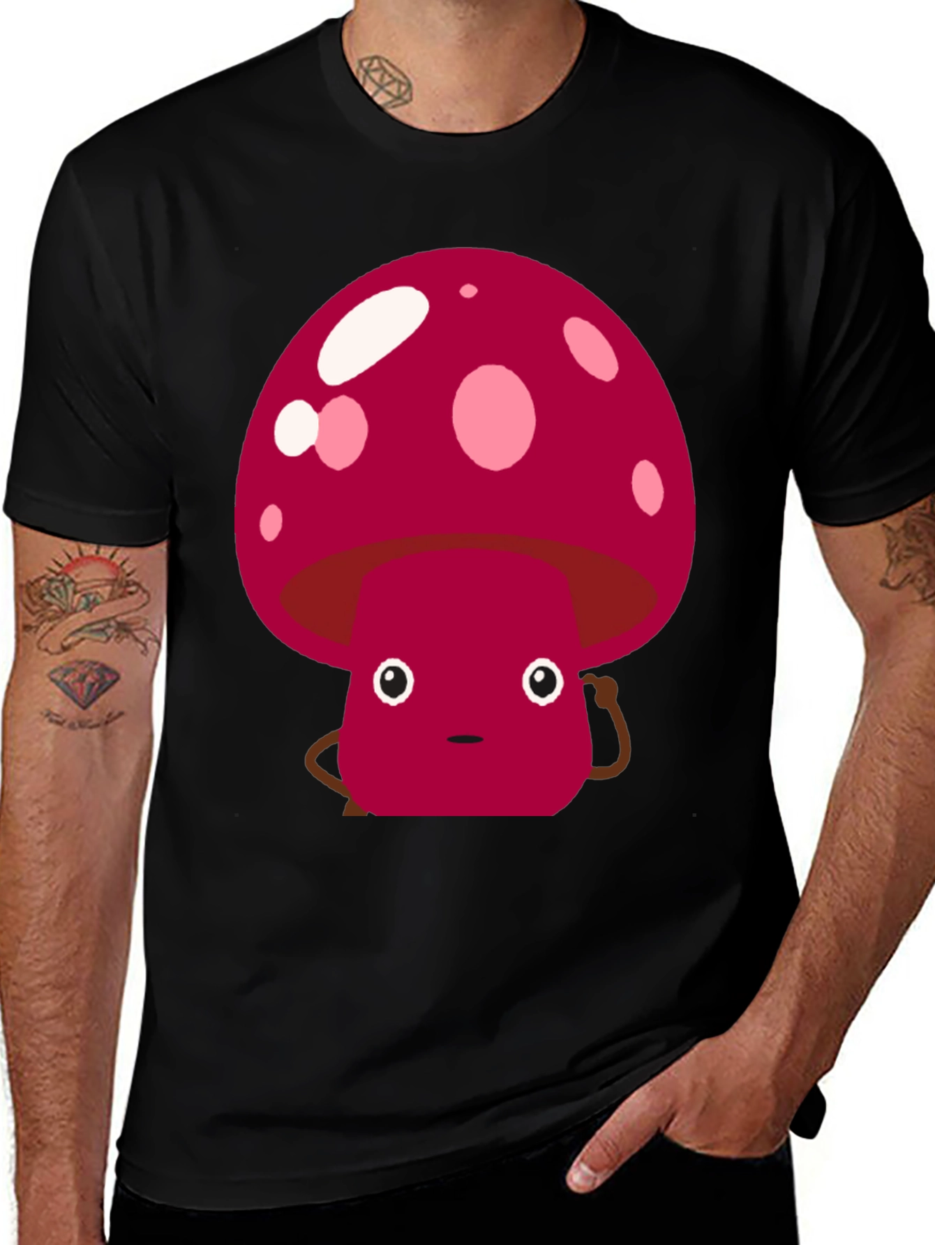 Variant 26 of Mushroom Character Graphic Tee - Black Cotton Blend