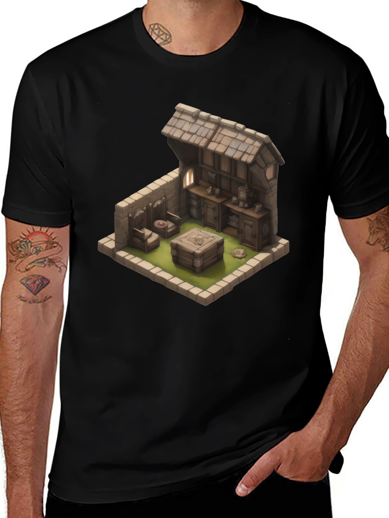 Isometric Medieval Room Black T-Shirt