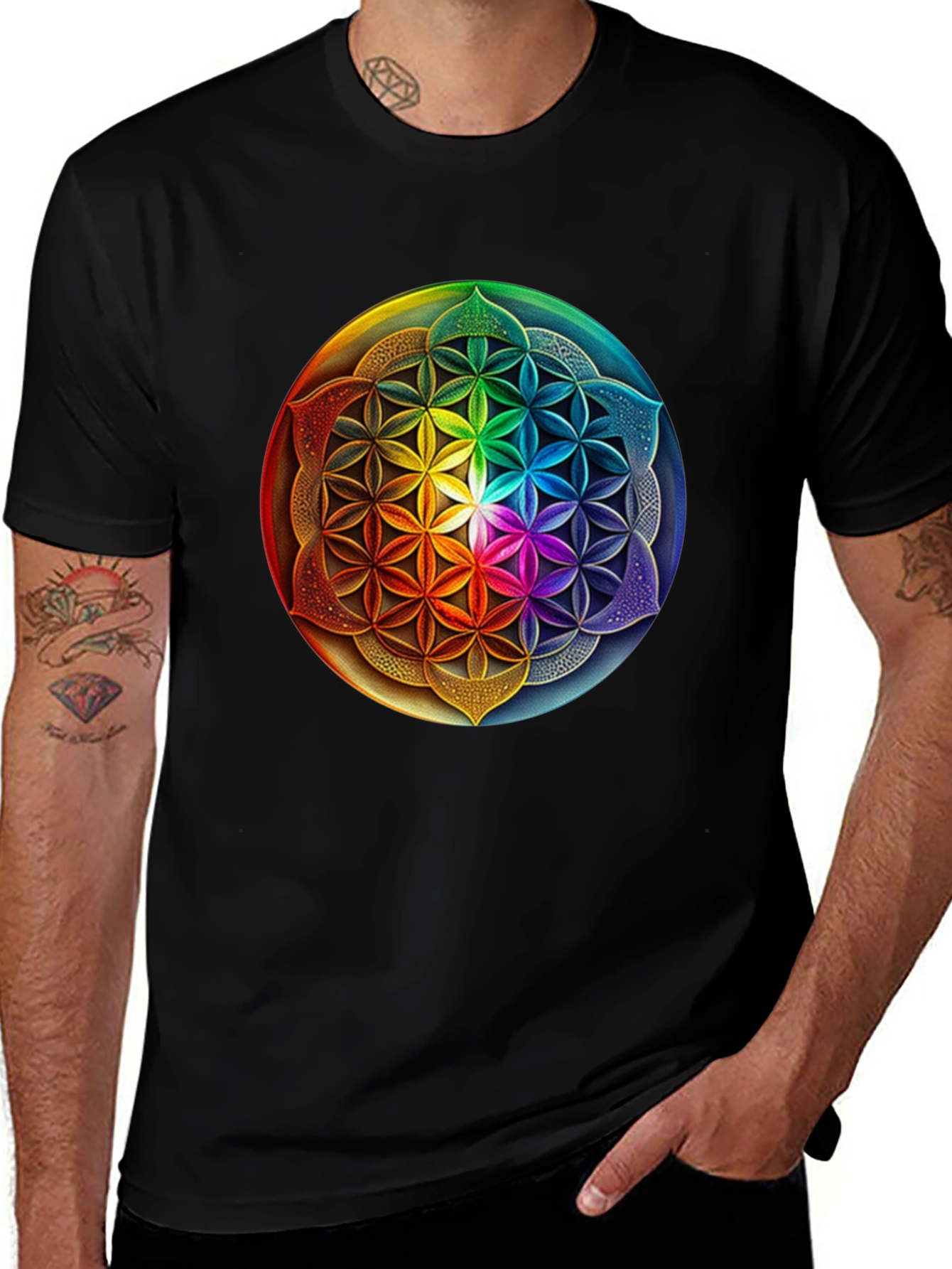 Black Rainbow Flower of Life Graphic Tee main image