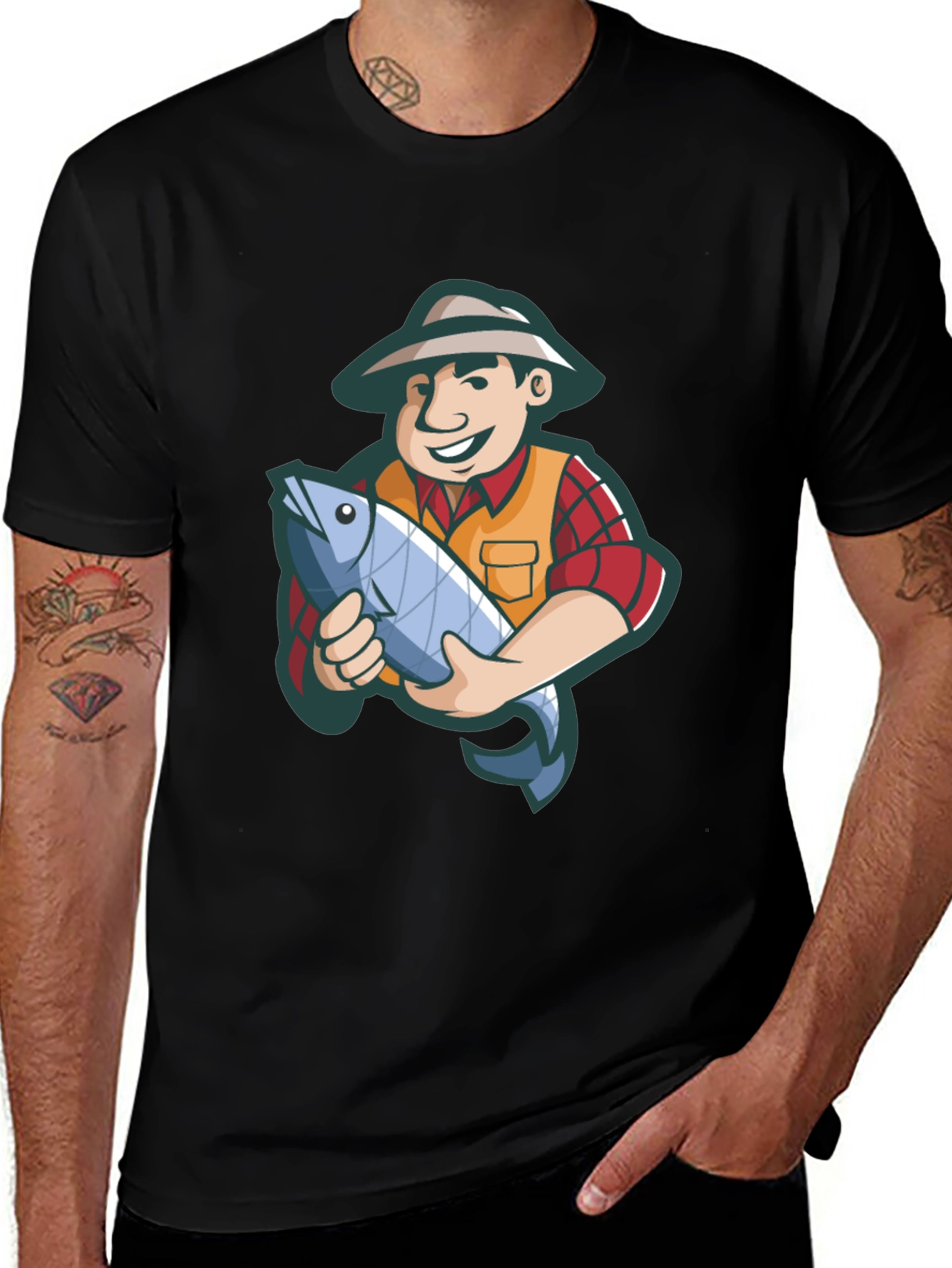 Variant 24 of Fisherman Cartoon Graphic Tee - Black