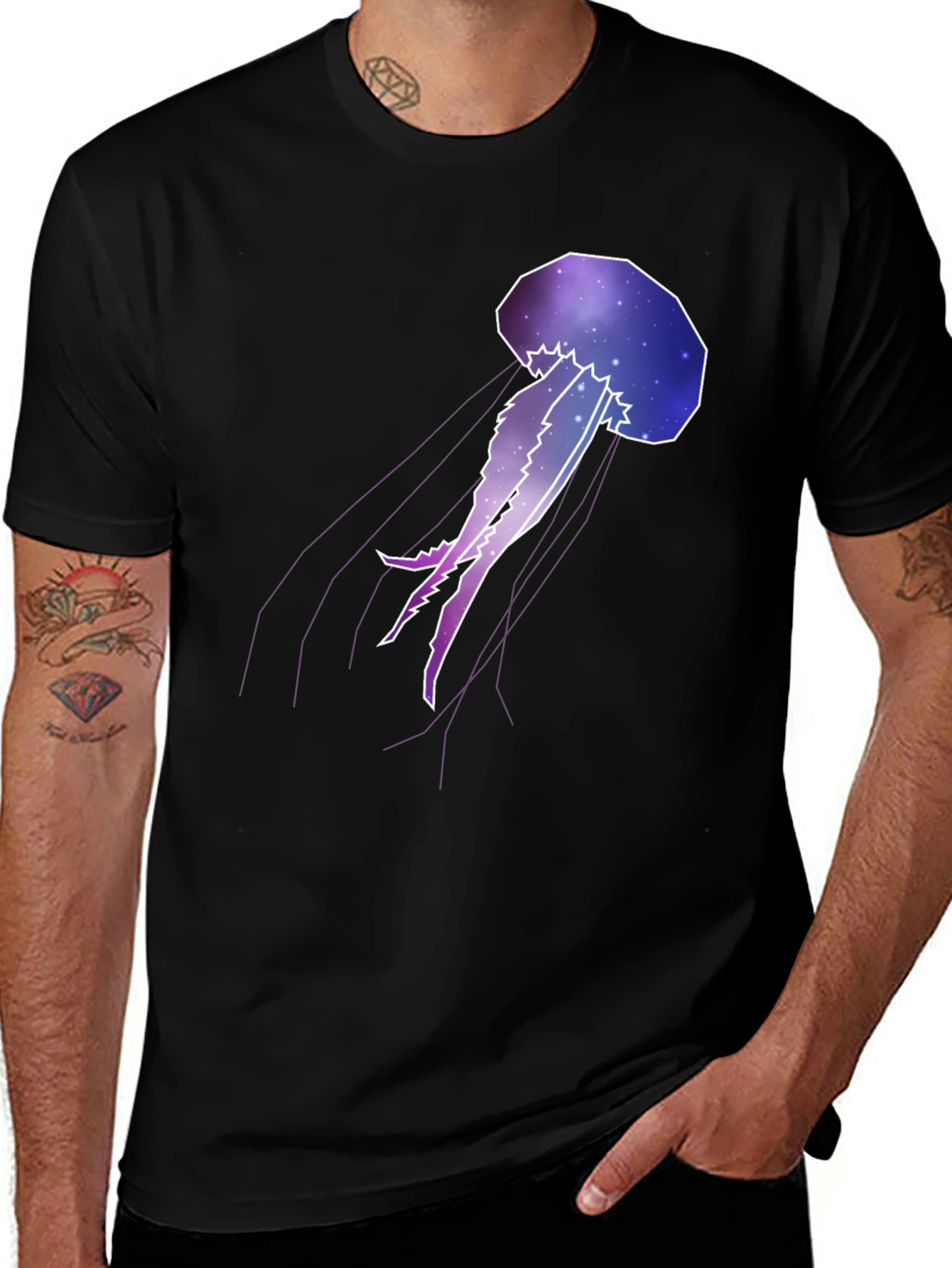 Variant 7 of Galaxy Jellyfish Graphic Tee - Black Cotton Casual Wear
