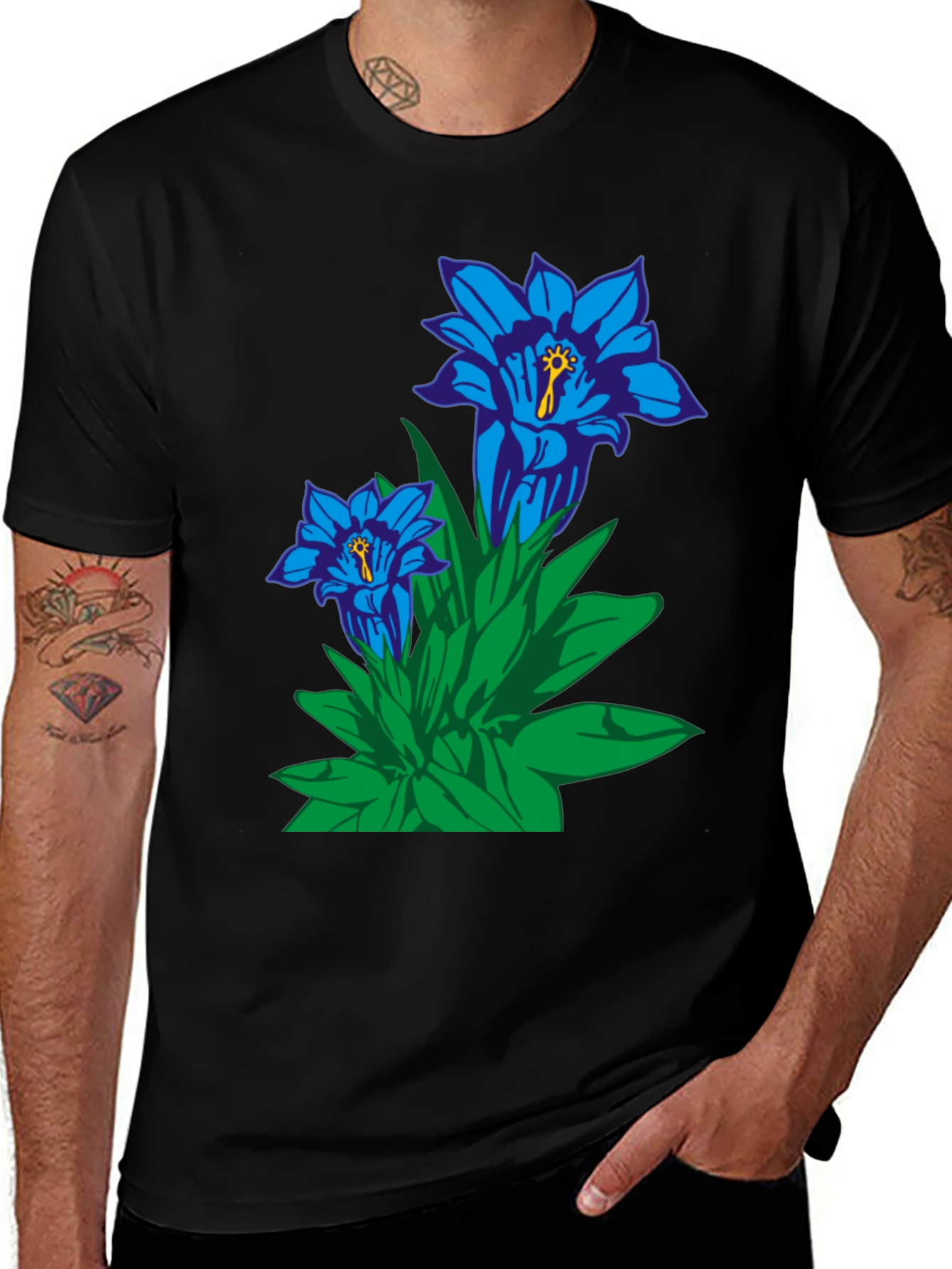 Variant 9 of Floral Graphic Tee - Gentian Flowers Black Cotton