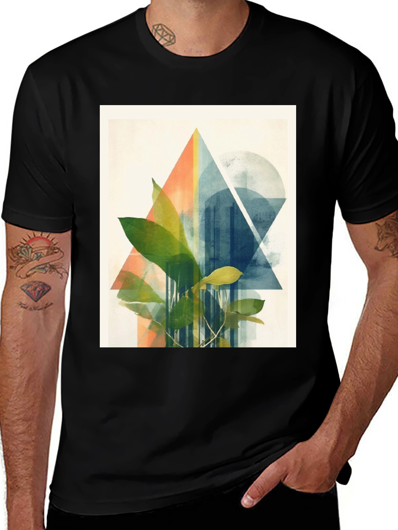 Variant 9 of Geometric Plant Print Black T-Shirt