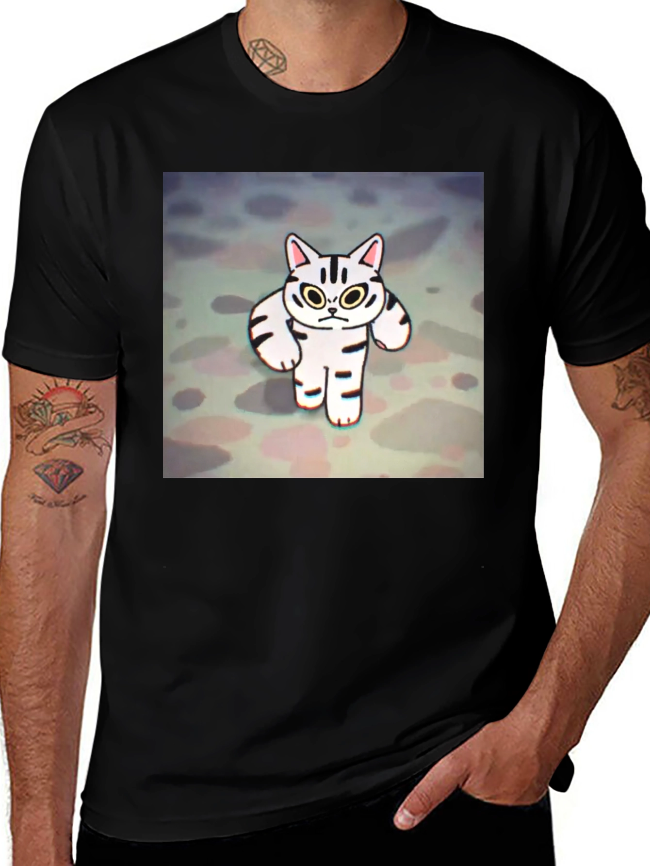 Variant 18 of Funny Cat Graphic Tee - Black Cotton T-Shirt