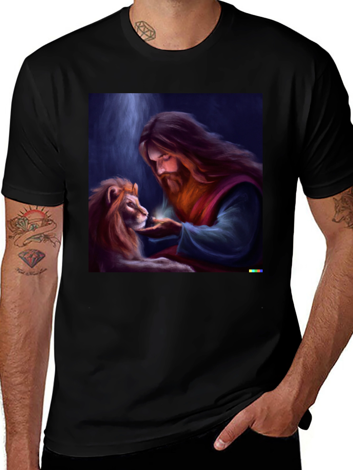 Variant 4 of Jesus and Lion Graphic Tee - Black