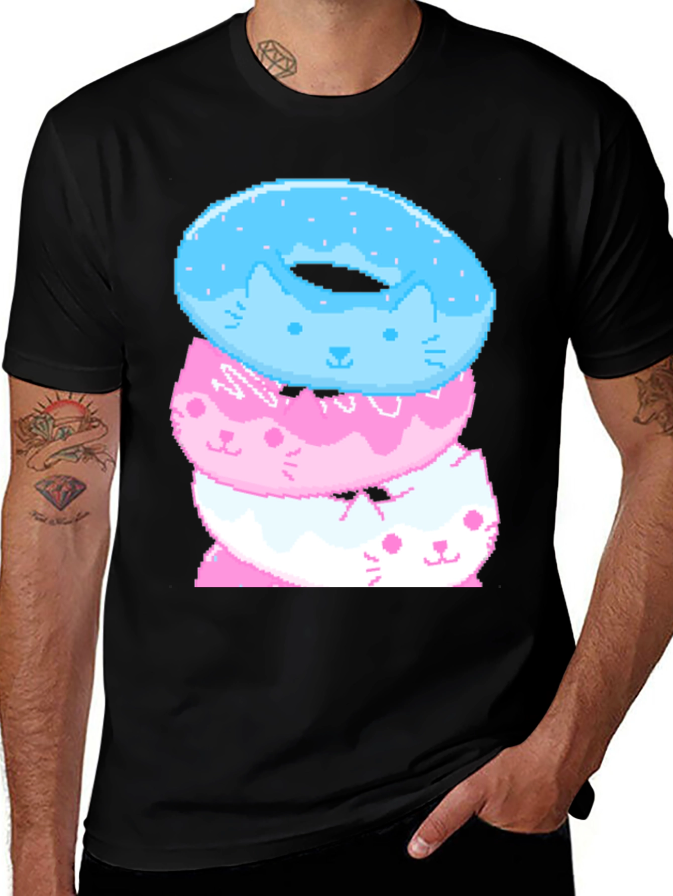 Variant 13 of Pixel Cat Donut Stack Black T-Shirt