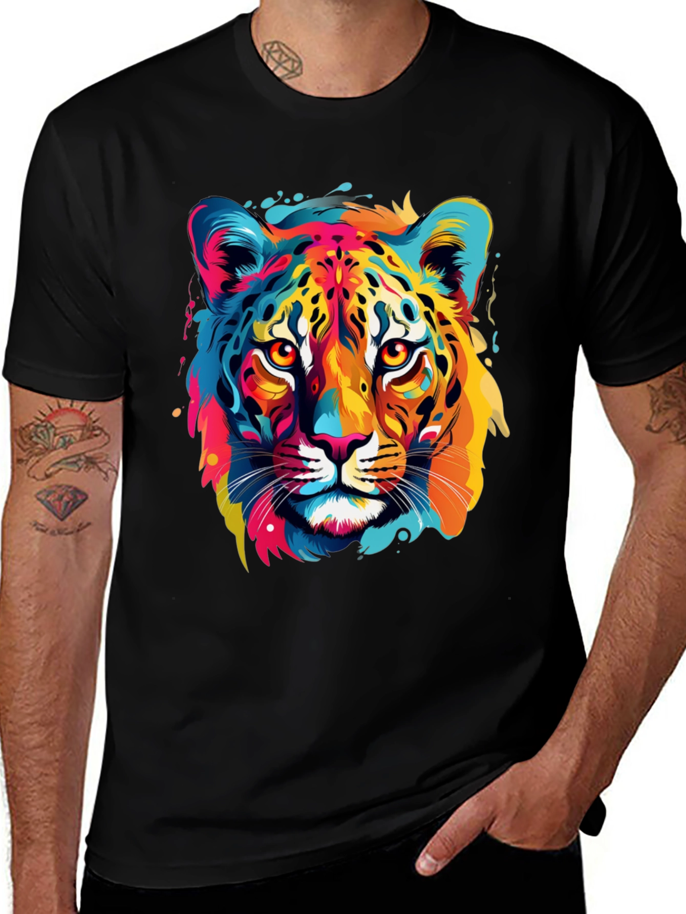 Colorful Leopard Graphic Black T-Shirt