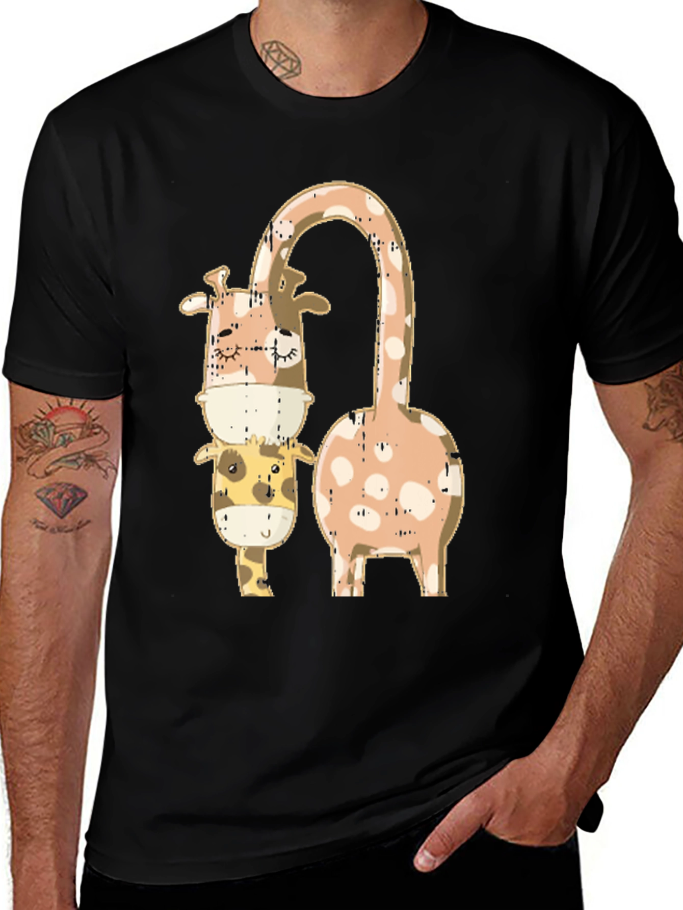 Variant 18 of Giraffe Love Graphic T-Shirt - Black Cotton Tee