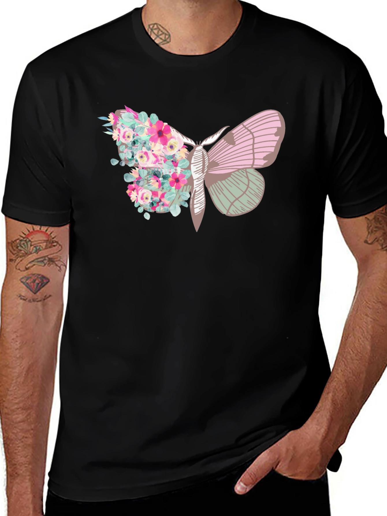 Variant 5 of Floral Moth Graphic Tee - Trendy Black T-Shirt