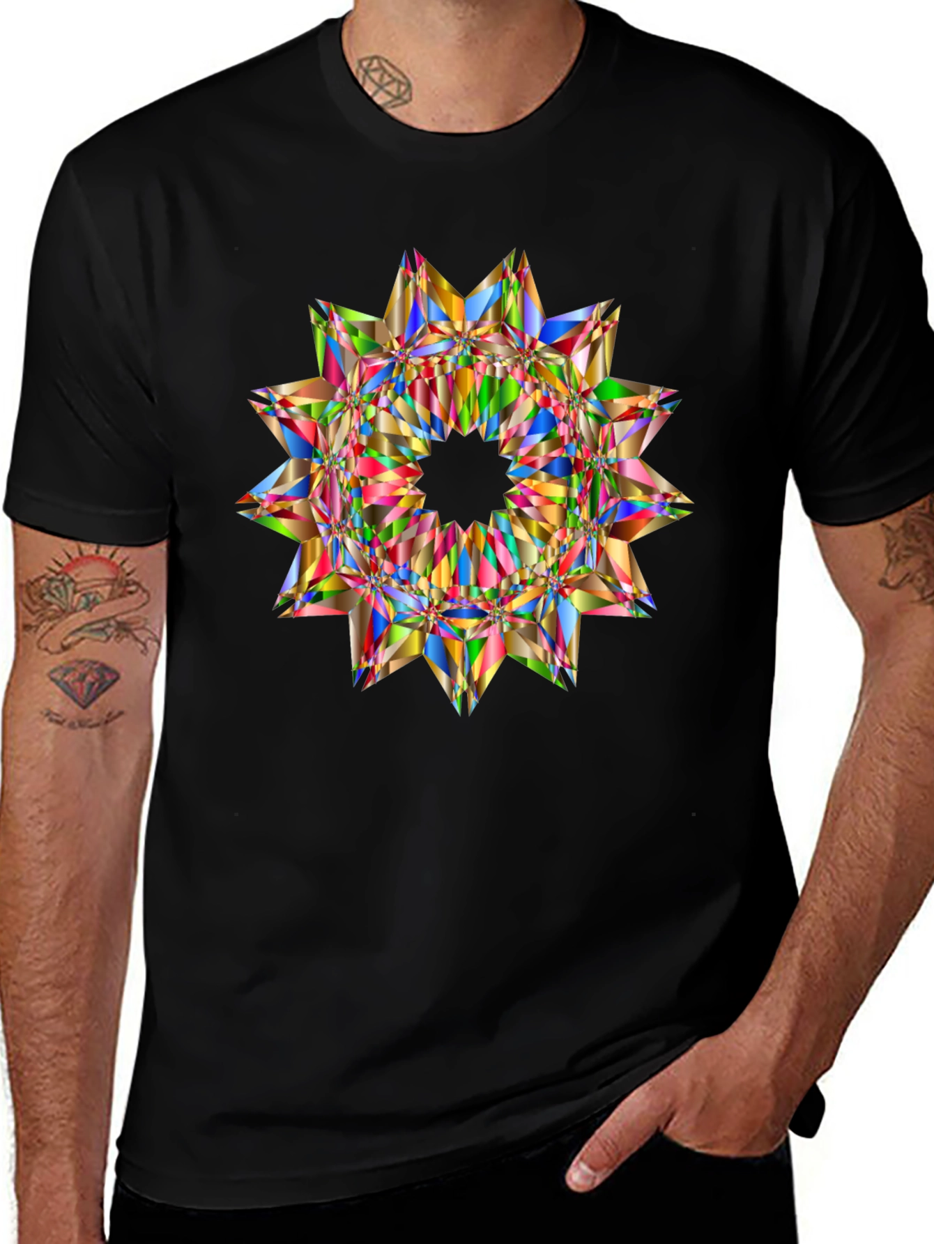 Variant 25 of Geometric Star Graphic Print Tee - Stylish Men's Black T-Shirt