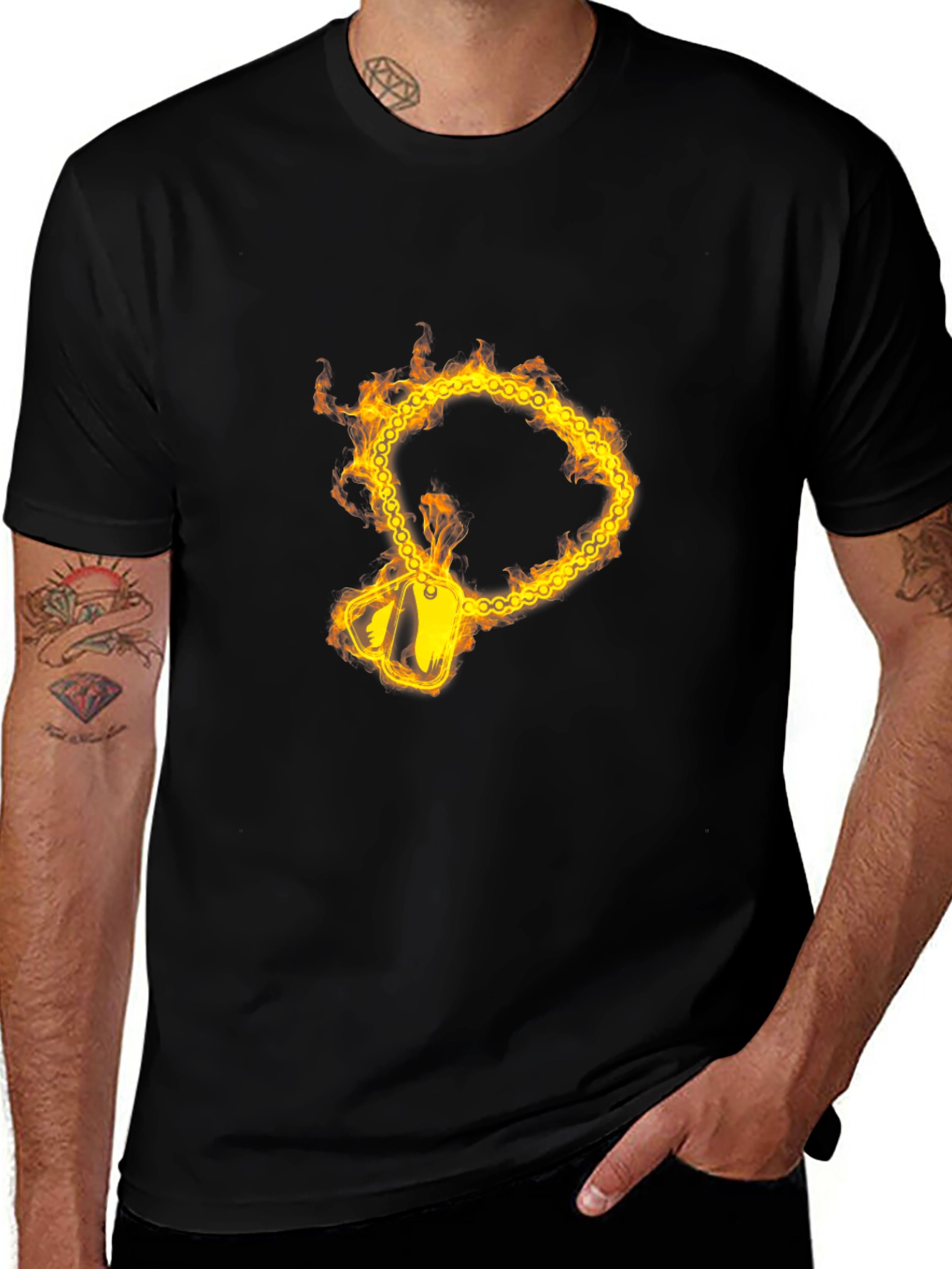Variant 7 of Flaming Chain Dog Tag Graphic Black T-Shirt