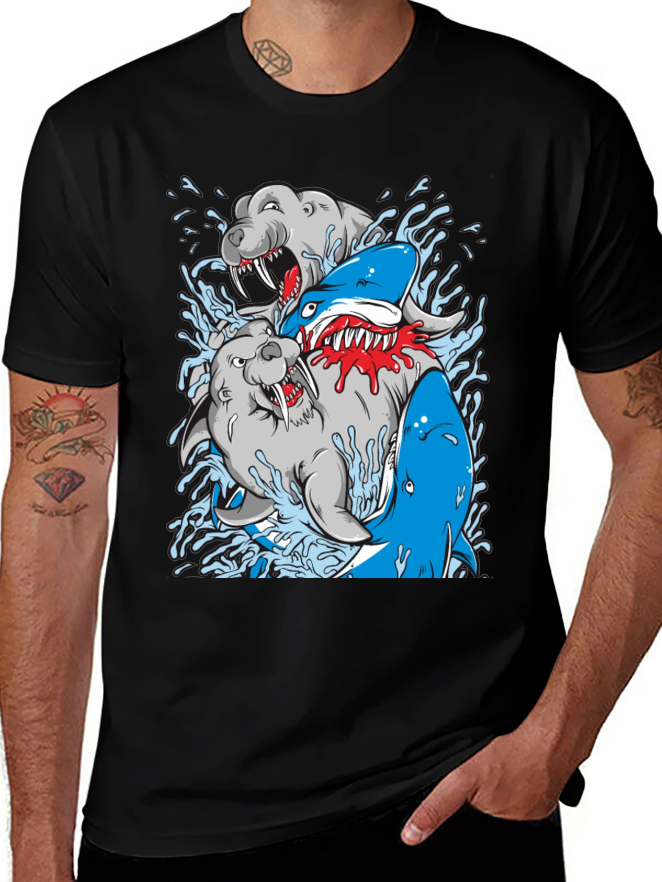 Variant 18 of Shark vs Seal Graphic Print Black T-Shirt