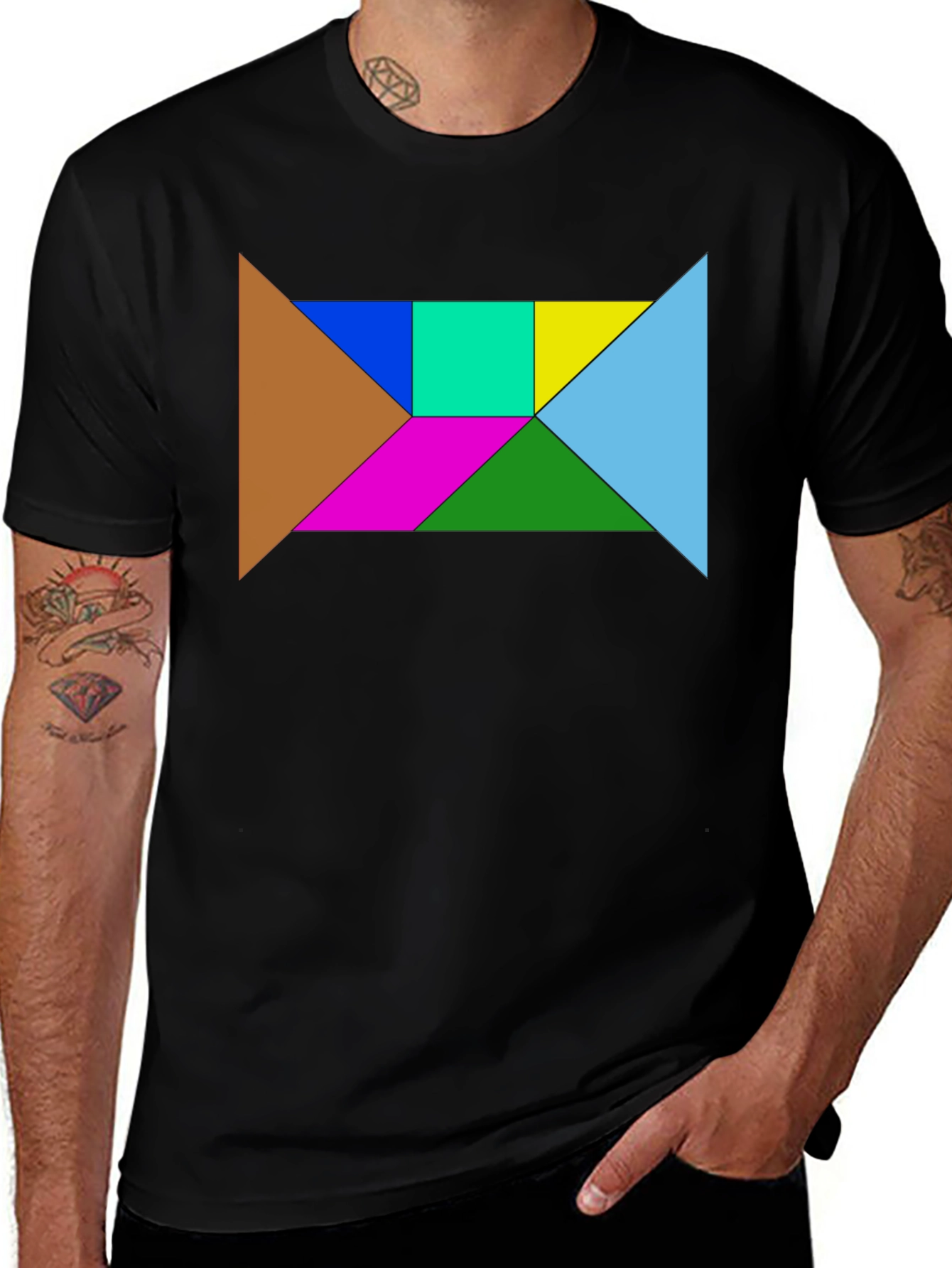 Variant 10 of Geometric Tangram Puzzle Graphic Tee - Black Cotton Blend